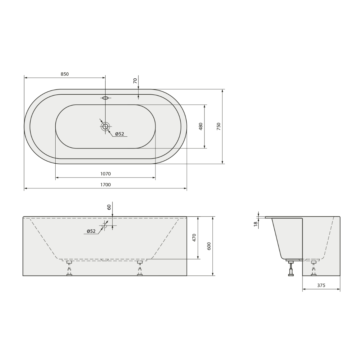 Polysan Viva Monolith half vrijstaand inbouwbad 170x75x60cm wit