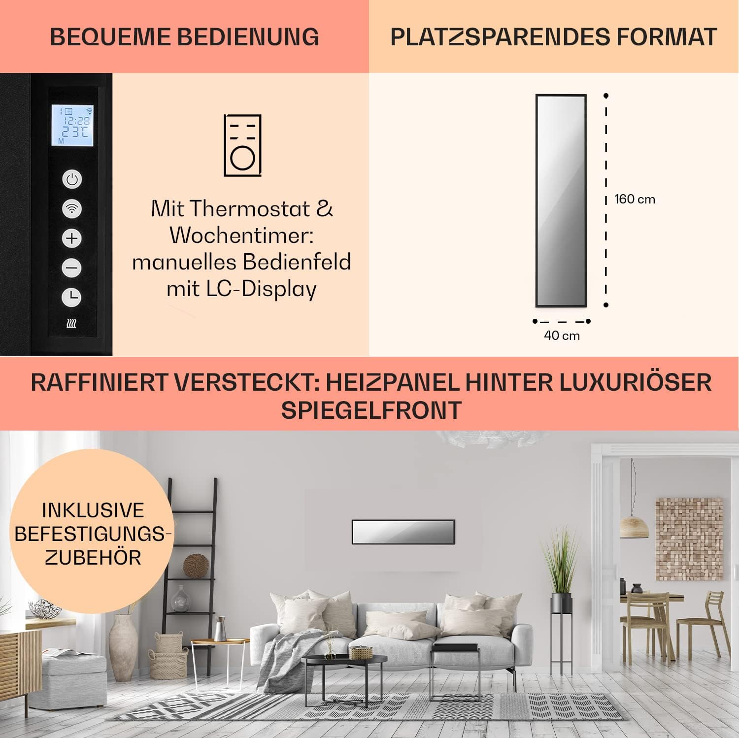 Klarstein Infrarotheizung, Infrarot Spiegelheizung Standgerät, Infrarotheizung mit Thermostat, Heizung mit Erkennung Offener Fenster & App-Control, Heater CO2-Frei, IP24 Infrarot Heizgeräte, 900 W