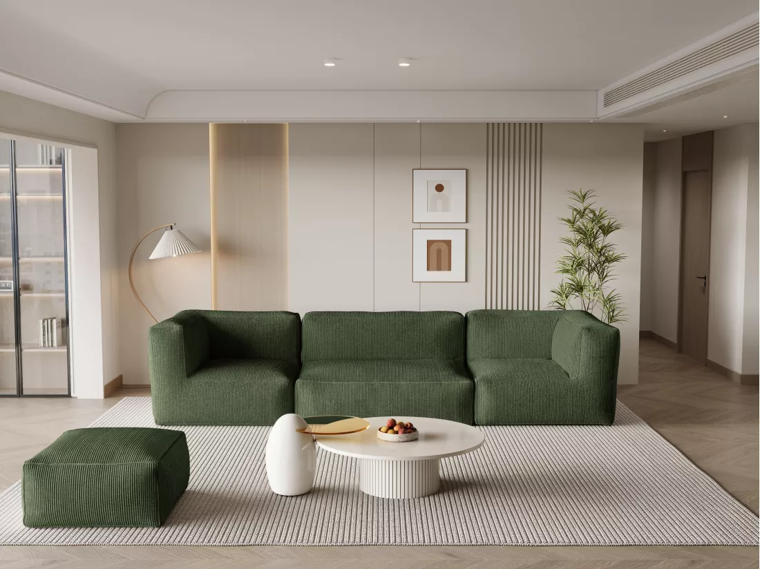Canapé modulable avec pouf en velours côtelé vert NOUMARA