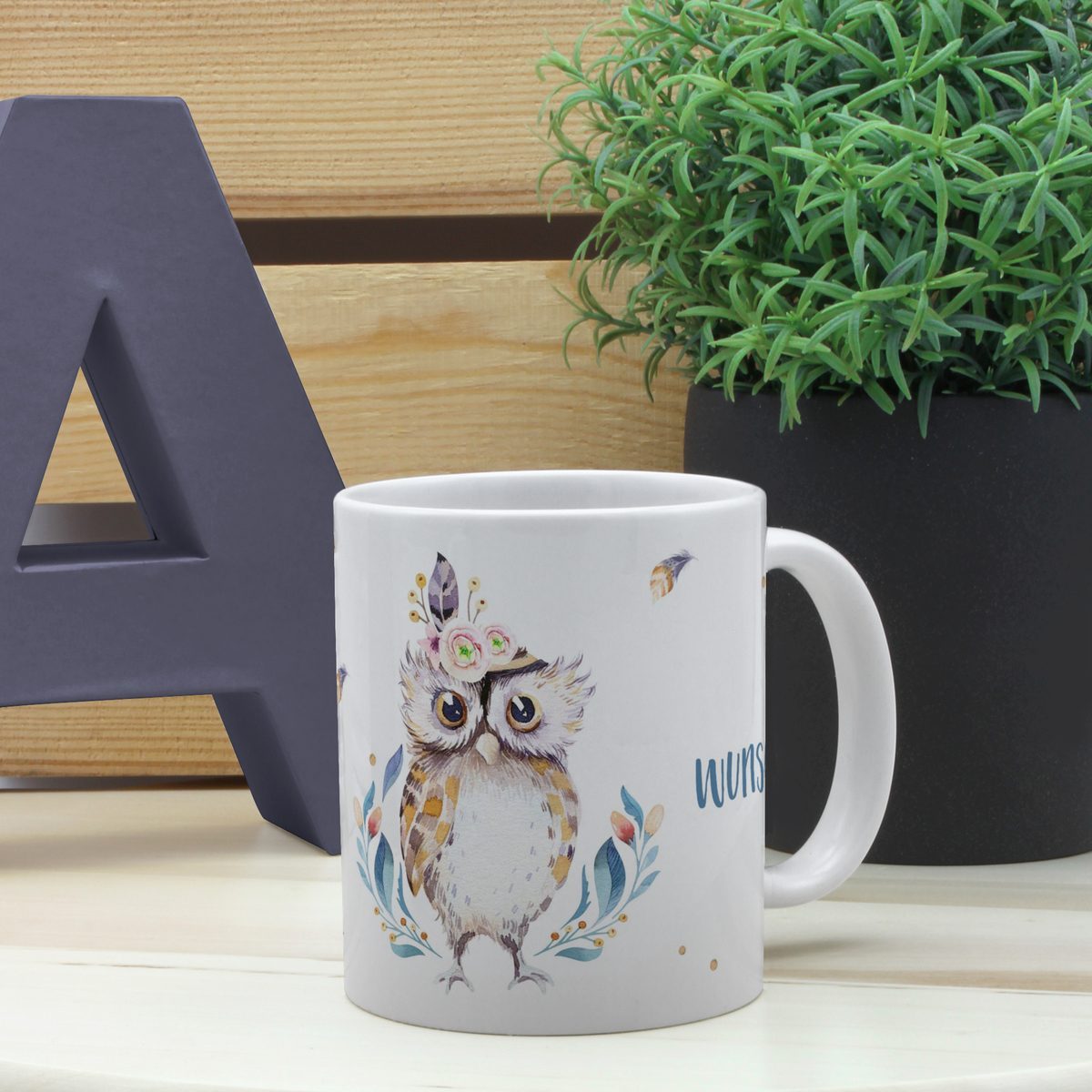 Personalisierte Panorama-Tasse, weiß (Motiv: Eule)