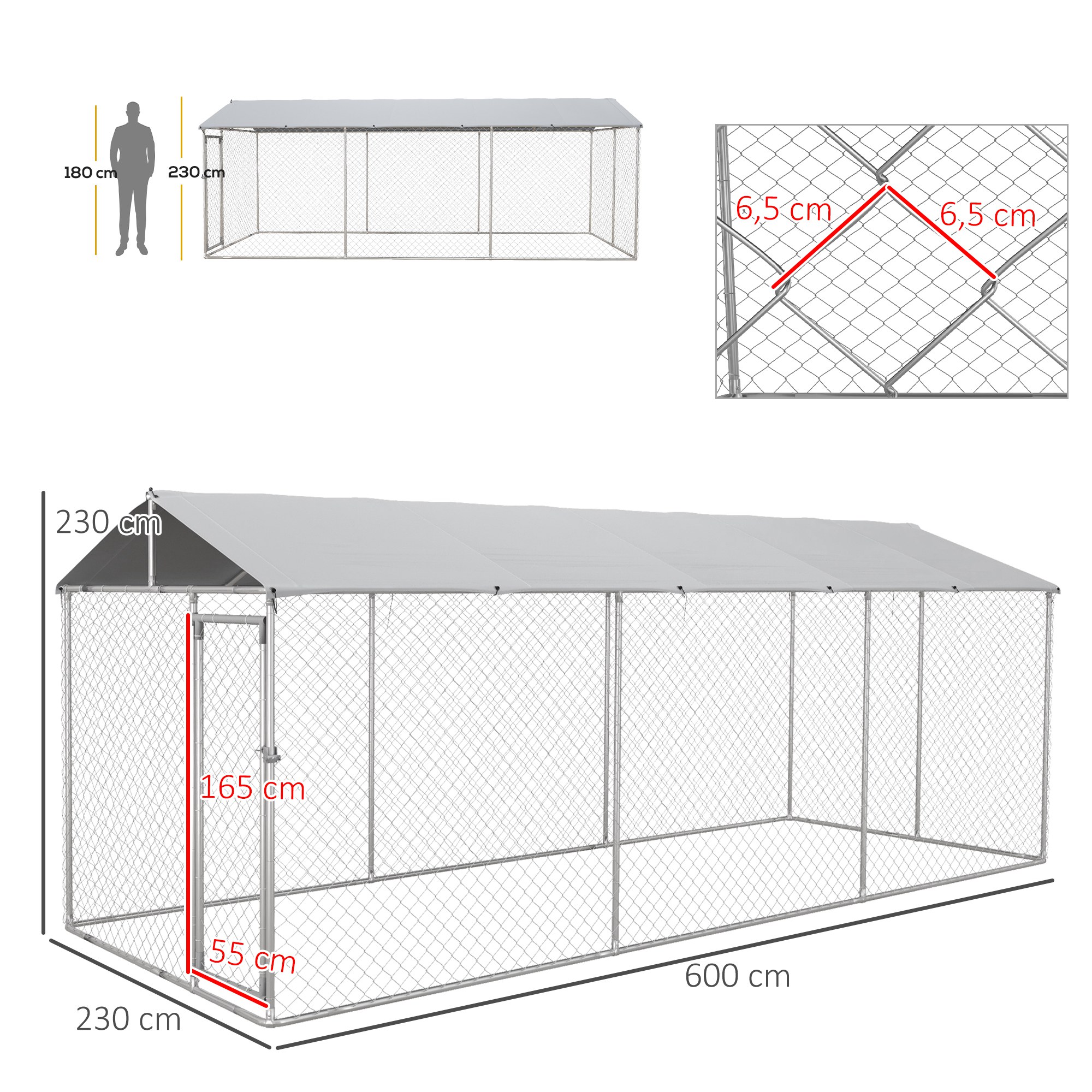 Canil externo PawHut para cães, com 1 porta, estrutura de aço, cobertura impermeável e resistente aos raios UV, 600x230x230 cm, prateado.