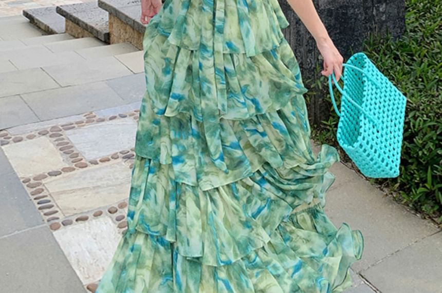 Saccharine - Halter V-hals gebloemde maxi A-lijn jurk met print