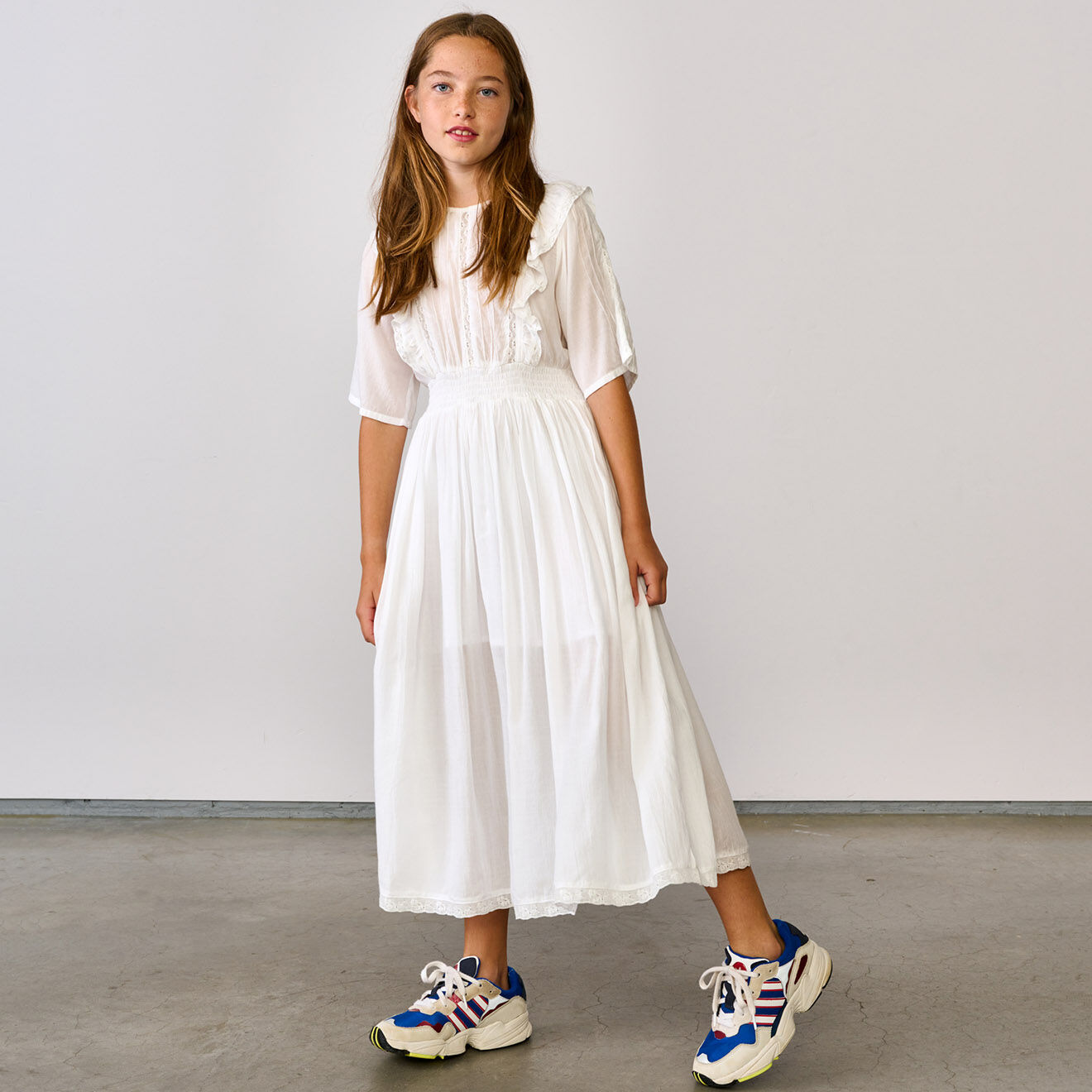 Bellerose Robe longue Heaven à dentelle et volant blanche