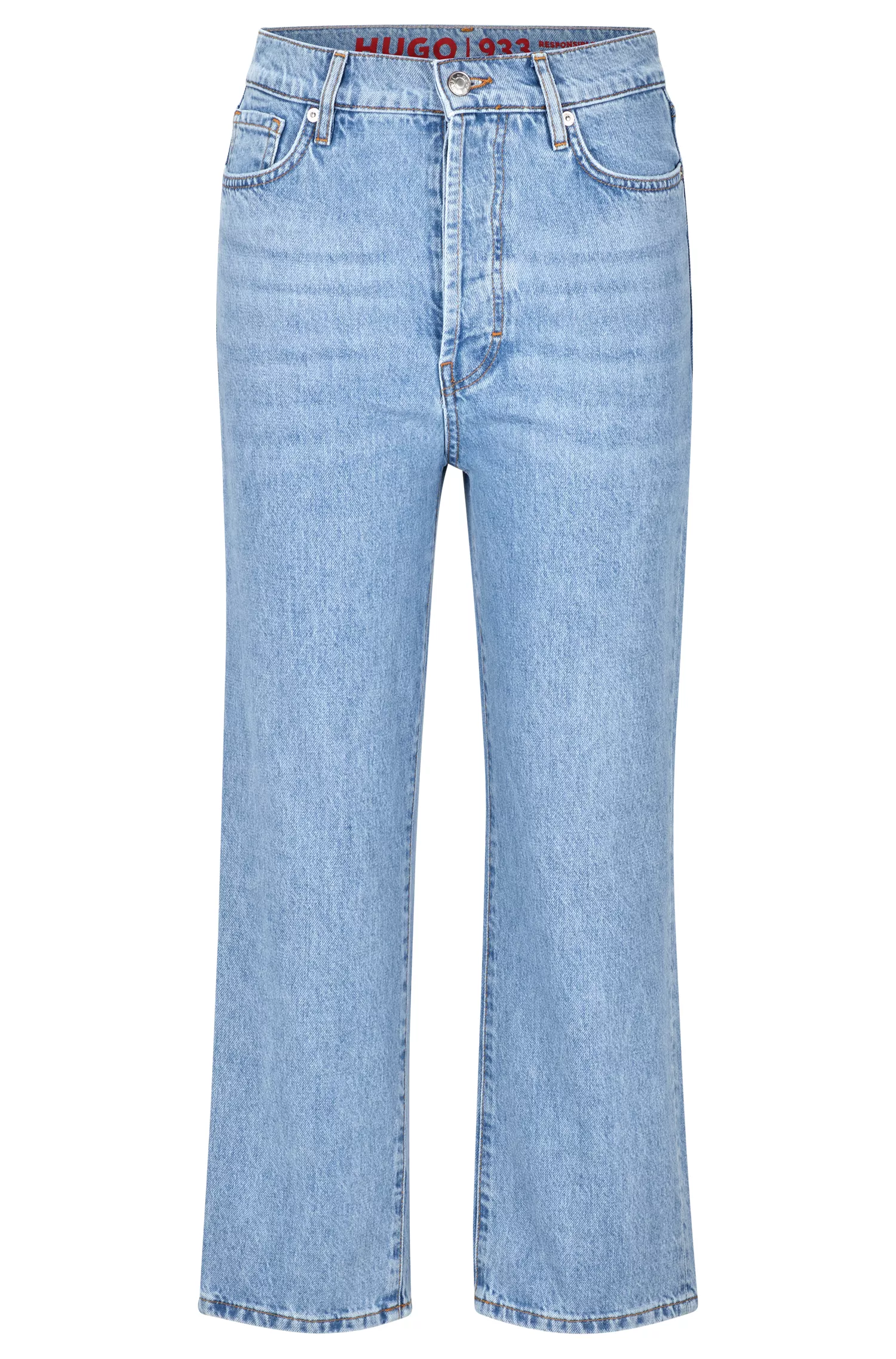 Calça jeans HUGO vermelha, de perna larga e corte moderno, em denim rígido azul.