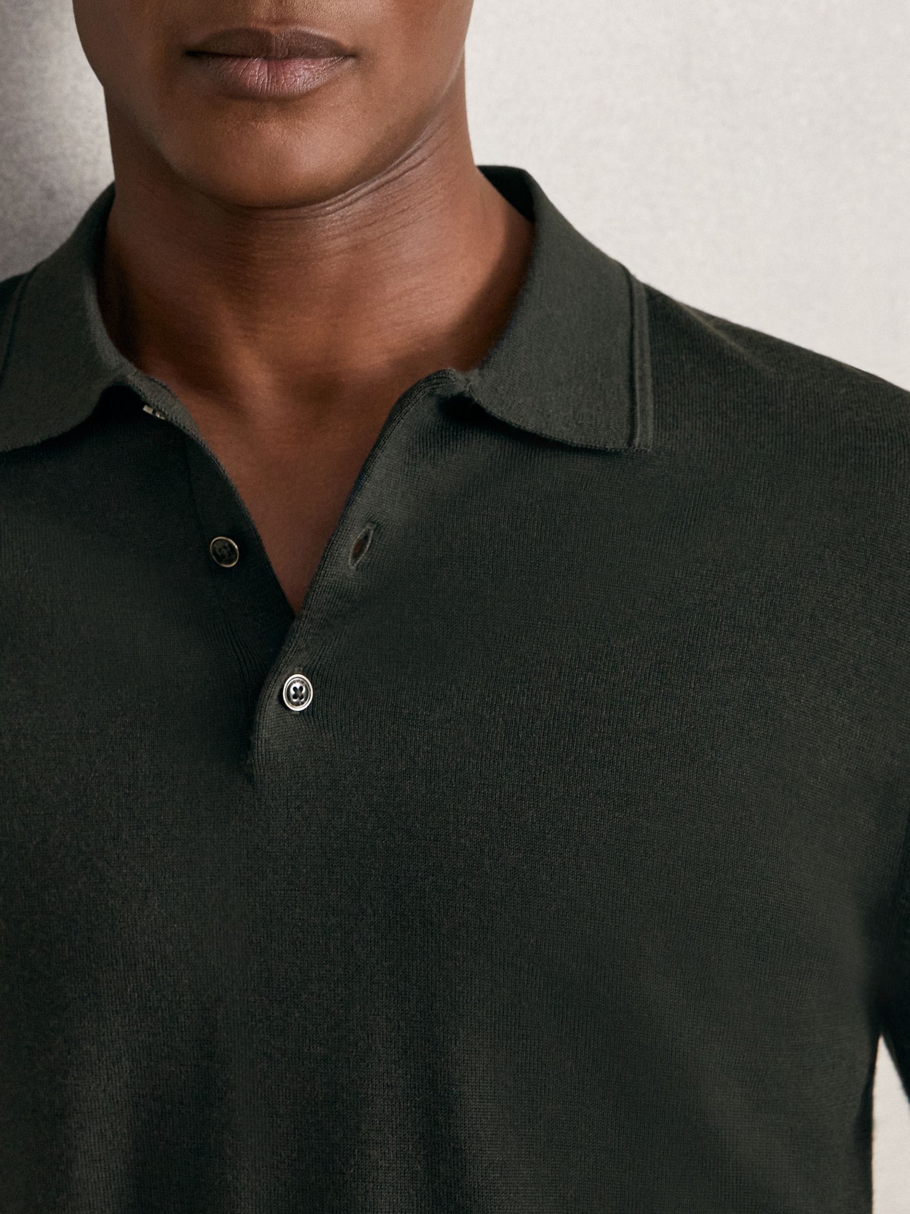 Donker legergroen - Reiss Trafford poloshirt met lange mouwen van merinowol