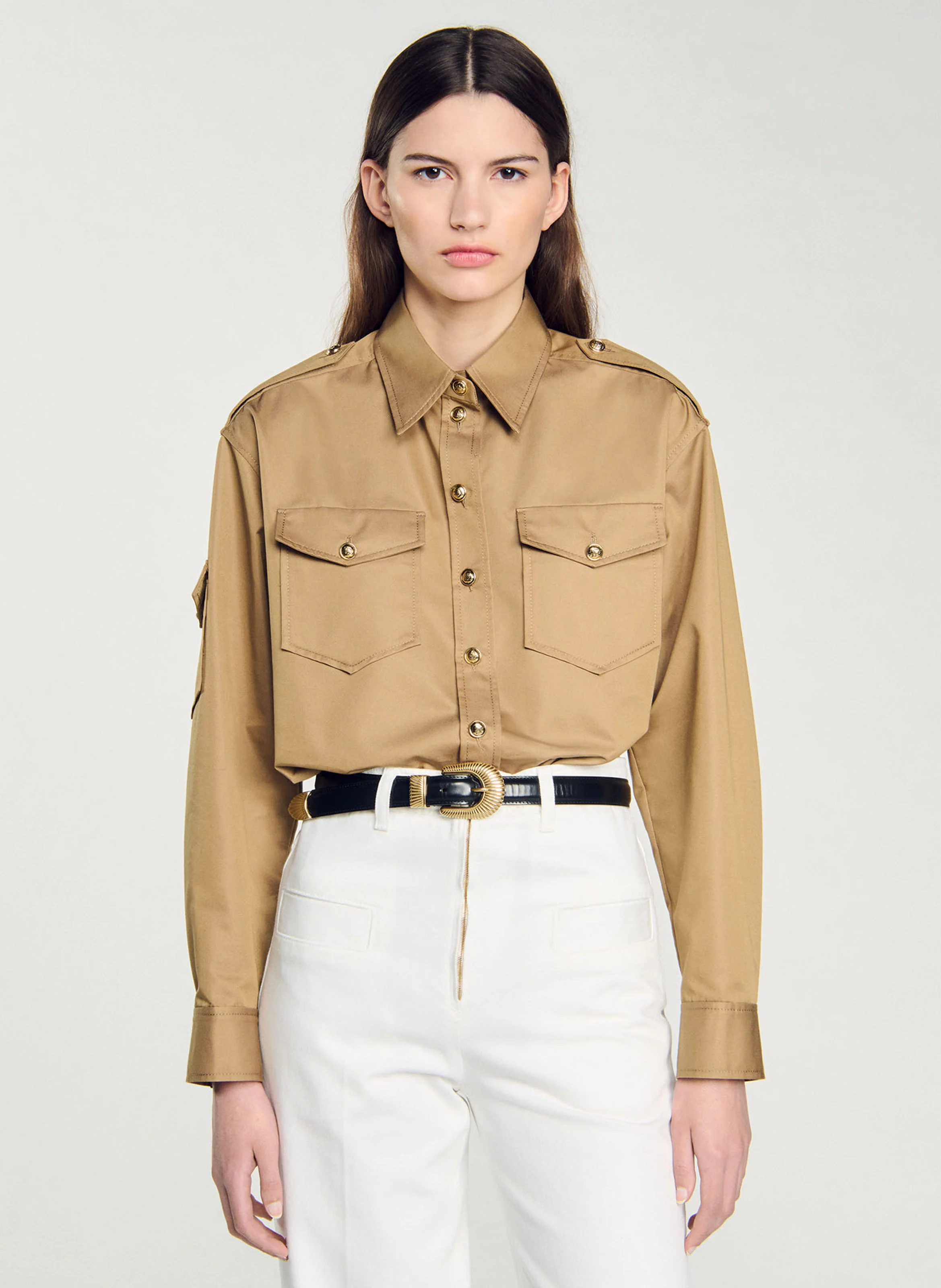 Chemise droite col classique en coton mélangé | Marron