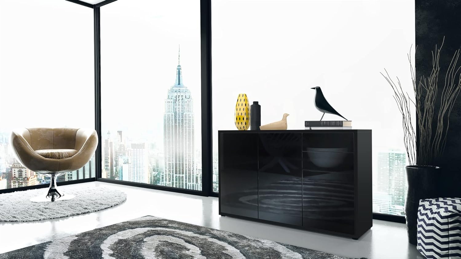 Vladon Sideboard Ben V3, Kommode mit 3 Türen und 2 Schubladen, Schwarz matt/Schwarz matt (117 x 74 x 36 cm)