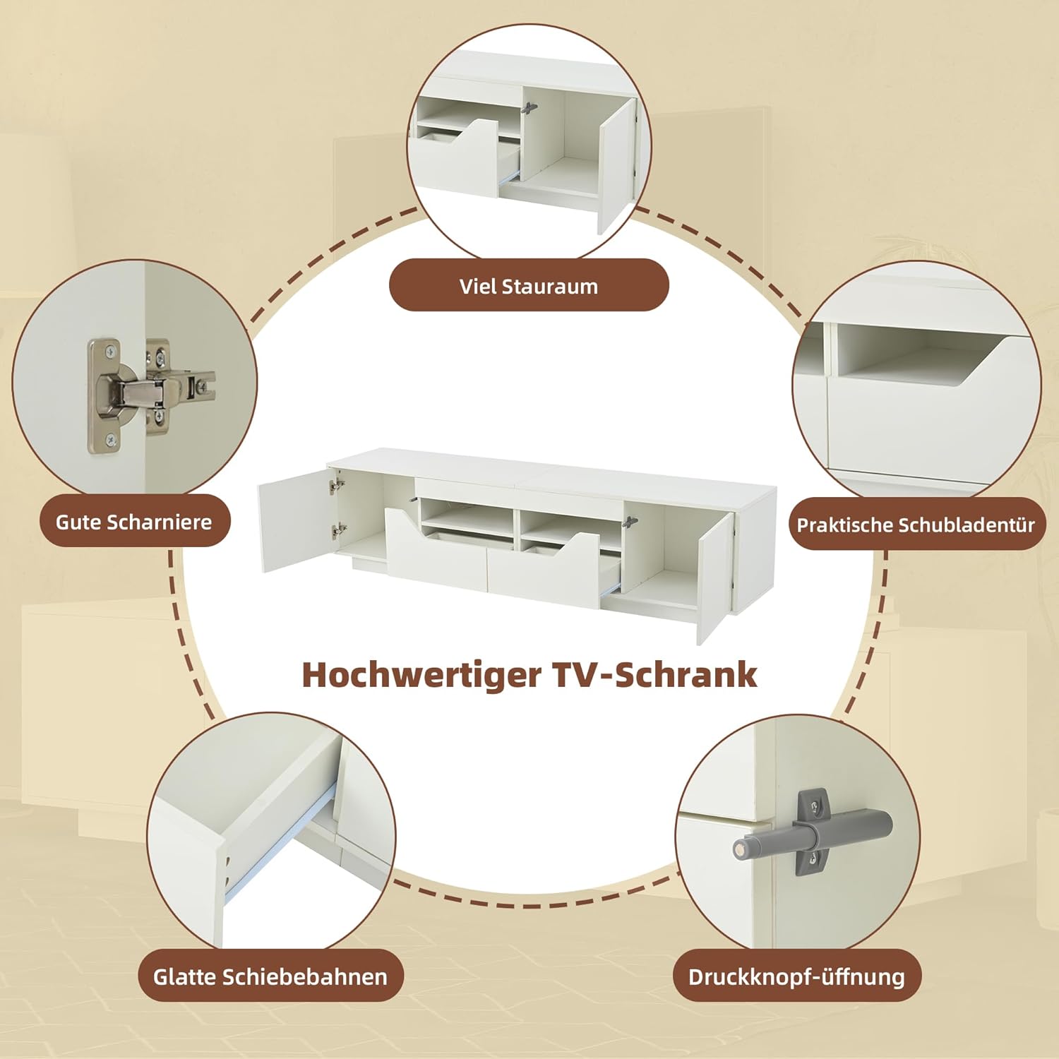 Merax TV-Schrank mit LED-Licht, Fernsehtisch Hochglanz, Modern TV Lowboard Board Schrank mit 2 Türen, 2 Schubladen, Offene Fächer, TV-ständer für Fernseher bis zu 75 Zoll, für Wohnzimmer, 180cm, Weiß