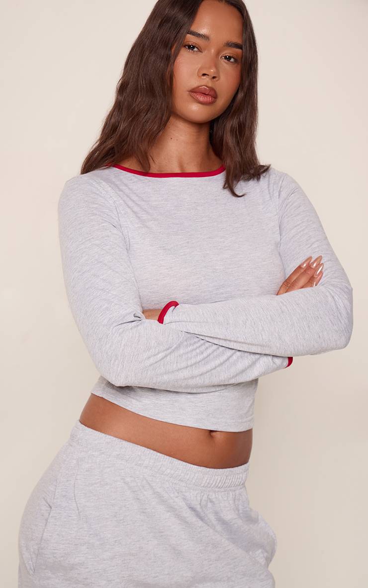 Gris Chiné Haut À Manches Longues En Coton Avec Poignets Contrastés