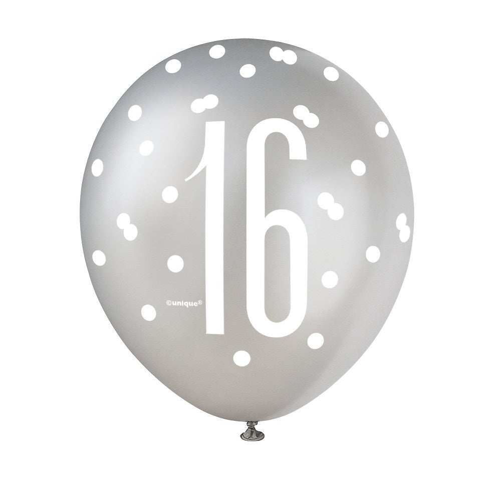 Ballonnen 16 Jaar Stippen Zwart 30cm 6st