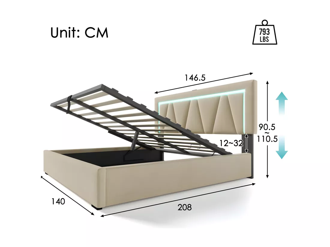 Lit coffre rembourré 140x200cm avec LED et Port de charge USB et Type-C - Tissu en Lin - sommier à lattes - Beige
