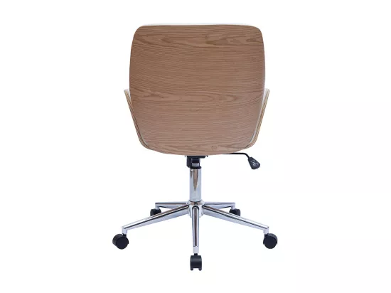 Chaise de bureau à roulettes design blanc, bois clair et acier chromé MARLOW