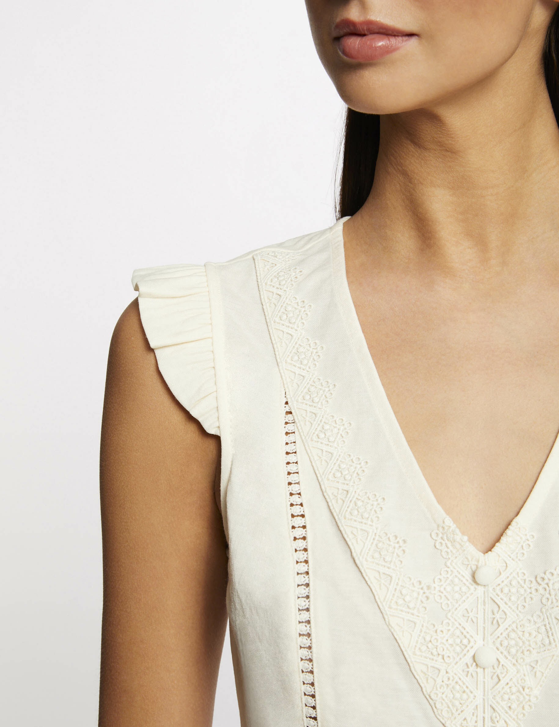 T-shirt manches courtes à dentelle ecru moyen femme - ecru_moyen