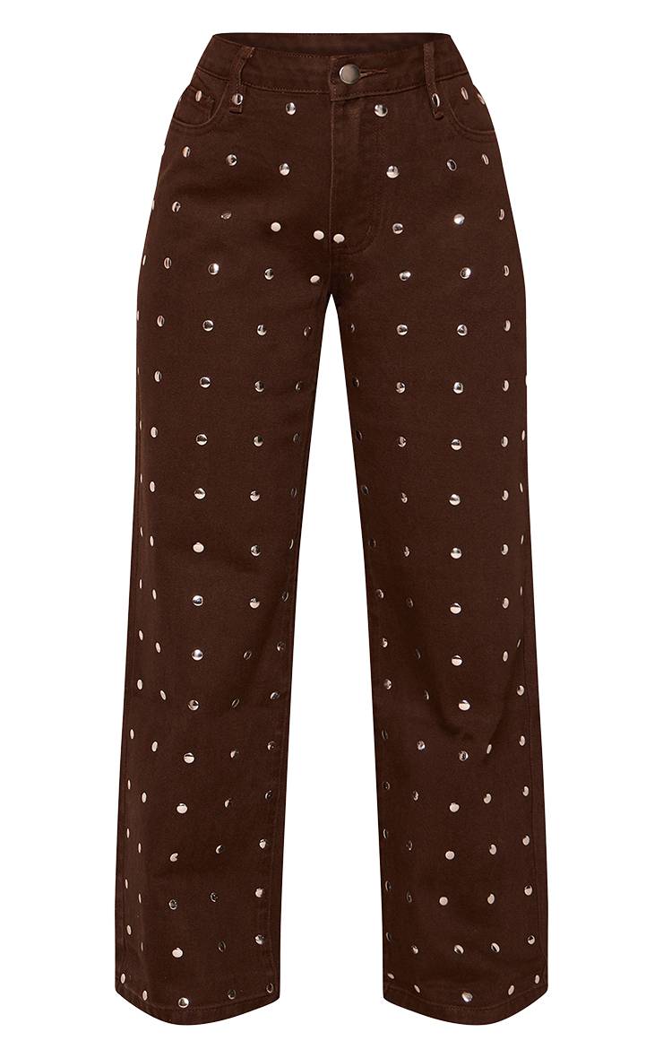 Chocolat Jean Denim Jambe Large Avec Détails Cloutés Petite