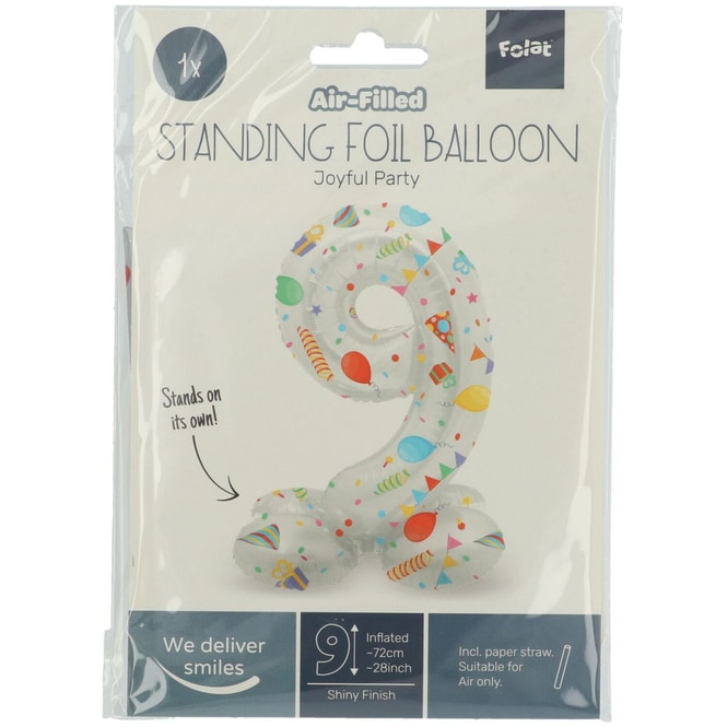 Folienballon - 9 - selbststehend - Joyful - weiß/bunt - ca. 72 cm hoch