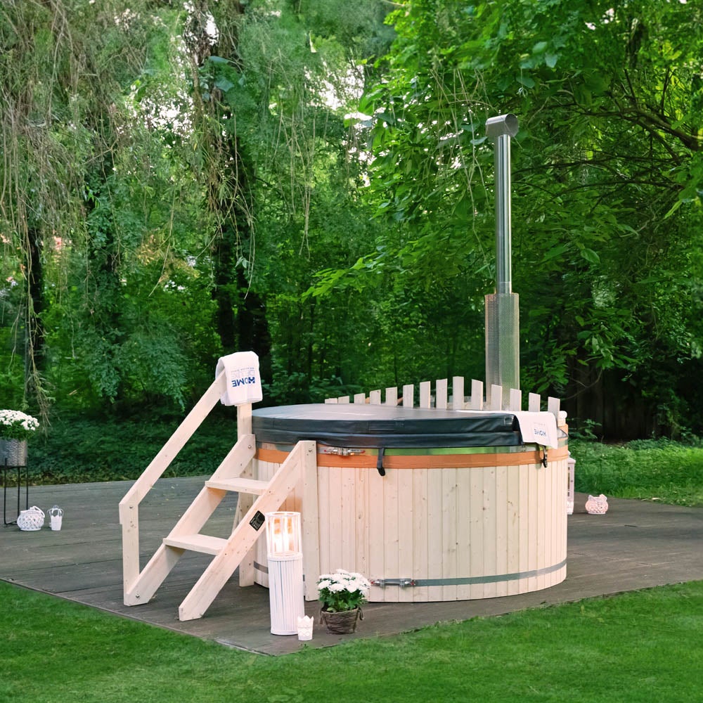 Home Deluxe - Hottub SKANDI - Maat L, ⌀ 210 cm, Buitenhoogte 100 cm, Noords sparrenhout, incl. afdekking, traptreden en verwarming | Badkuip, hottub, whirlpool