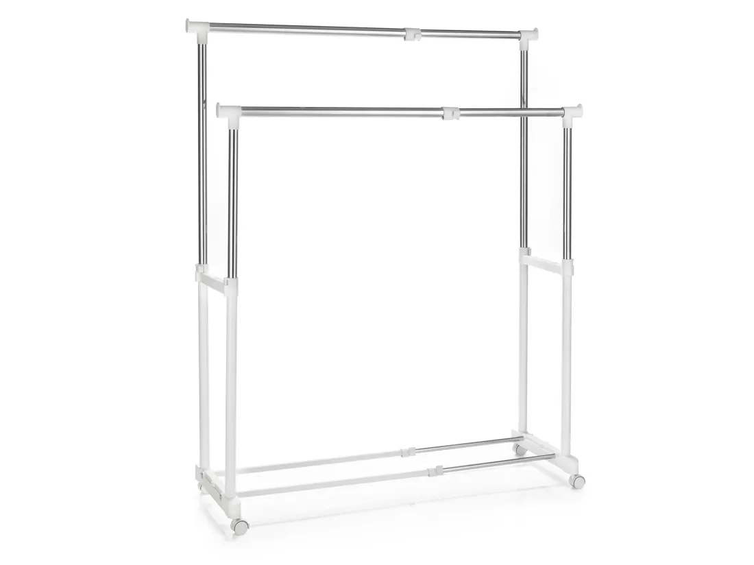 Portant à vêtements CASA en métal chromé et blanc, penderie double sur roulettes avec 2 barres hauteur et longueur réglables
