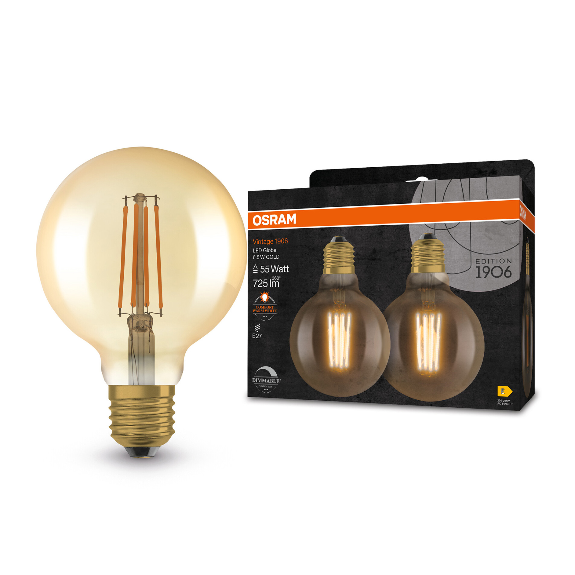LED-Leuchtmittel Vintage Globe 2er-Set - warmweiß -6,5 Watt - E27