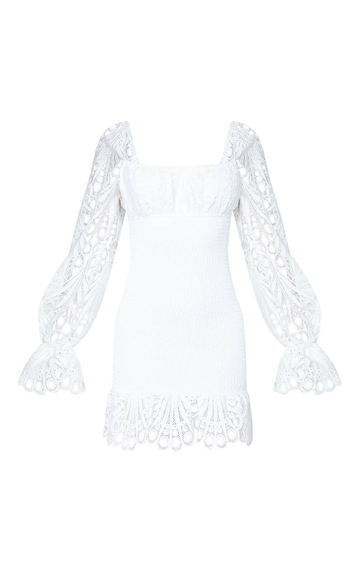 Blanc Robe Moulante Froncée À Manches En Dentelle