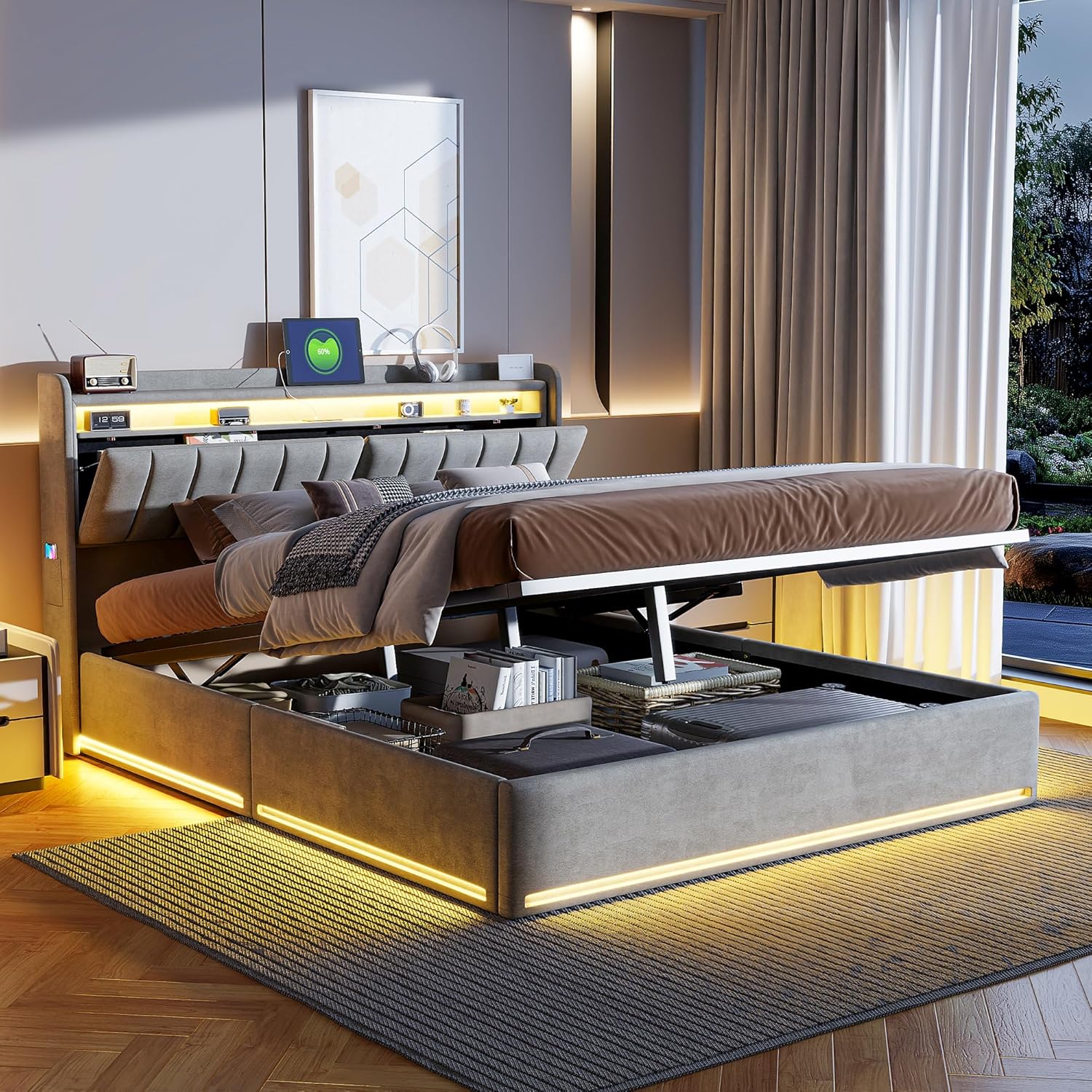 Polsterbett 160x200 cm,Doppelbett mit LED-Beleuchtung und Aufladen USB,Stauraumbetten mit Stauraum Kopfteil und Lattenrost,Jugendbett Stauraumbett Bettgestell,Bett mit Lattenrost (Grau, 160 x 200cm)