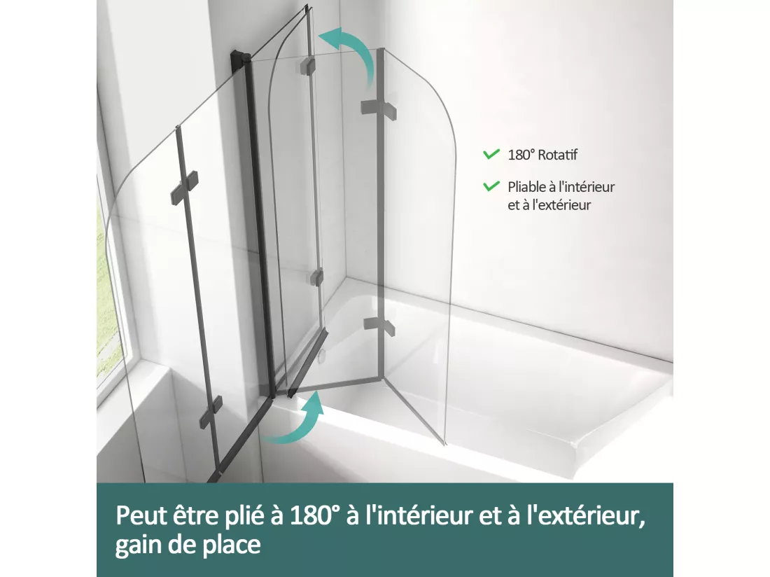 EMKE Pare-baignoire paroi de douche pour baignoire noir mat 2 parties pliable 100x140cm pare-baignoire 6mm NANO GLASS