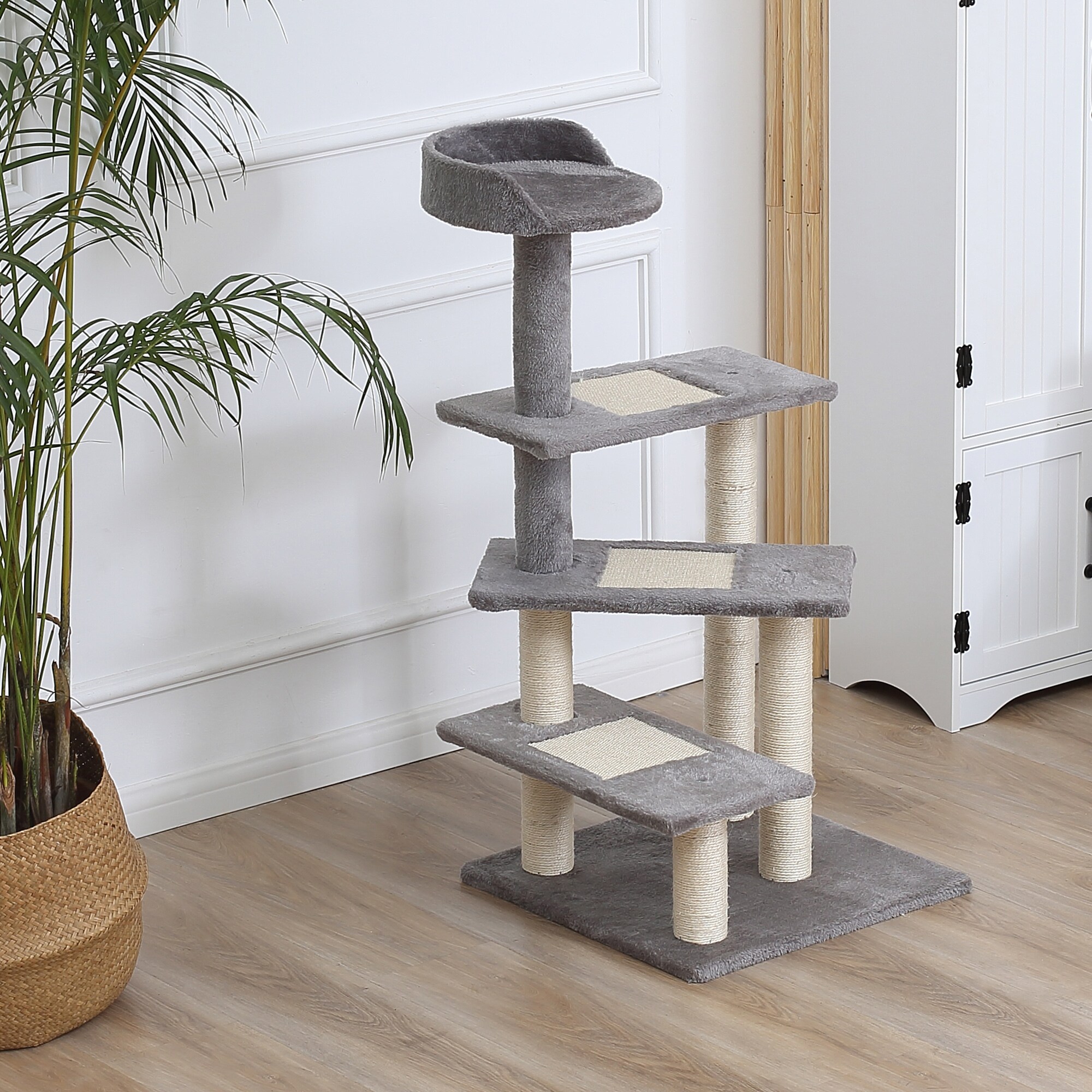 PawHut Kletterbaum mit 5 Ebenen beige, grau 48 x 48 x 101 cm (LxBxH)
