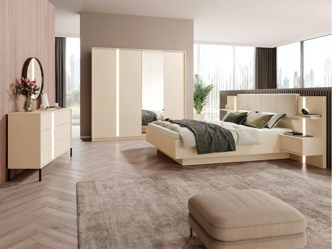 Lit coffre avec chevets 160 x 200 cm - Avec LEDs - Coloris : Beige + Matelas - ELYNIA