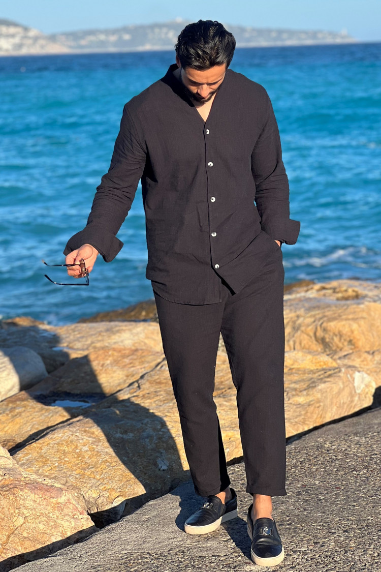 Ensemble 2 pièces chemise + pantalon effet lin noir