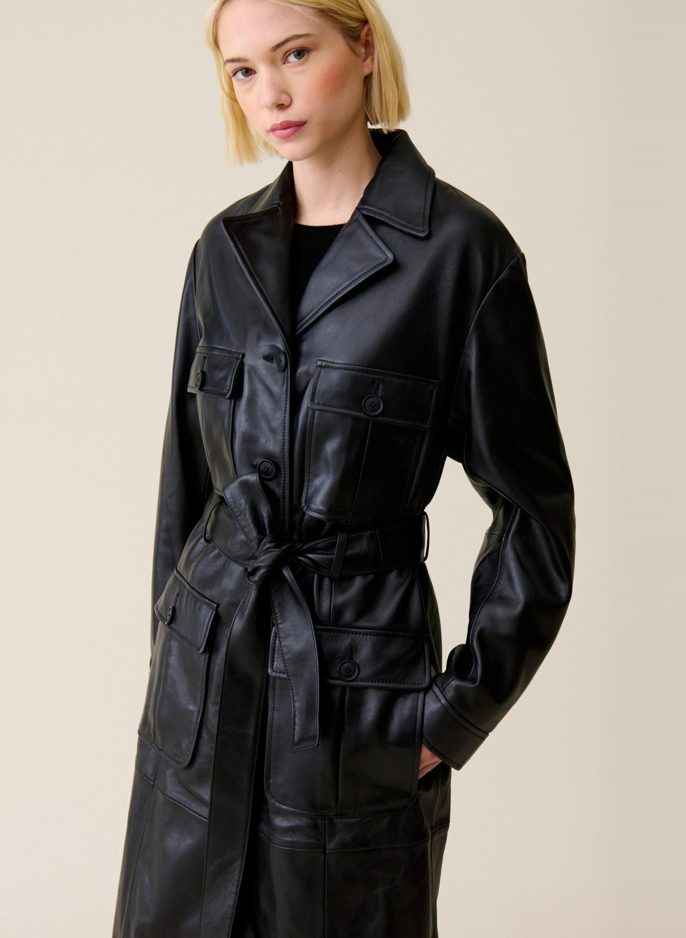 Trench droit en cuir | Noir