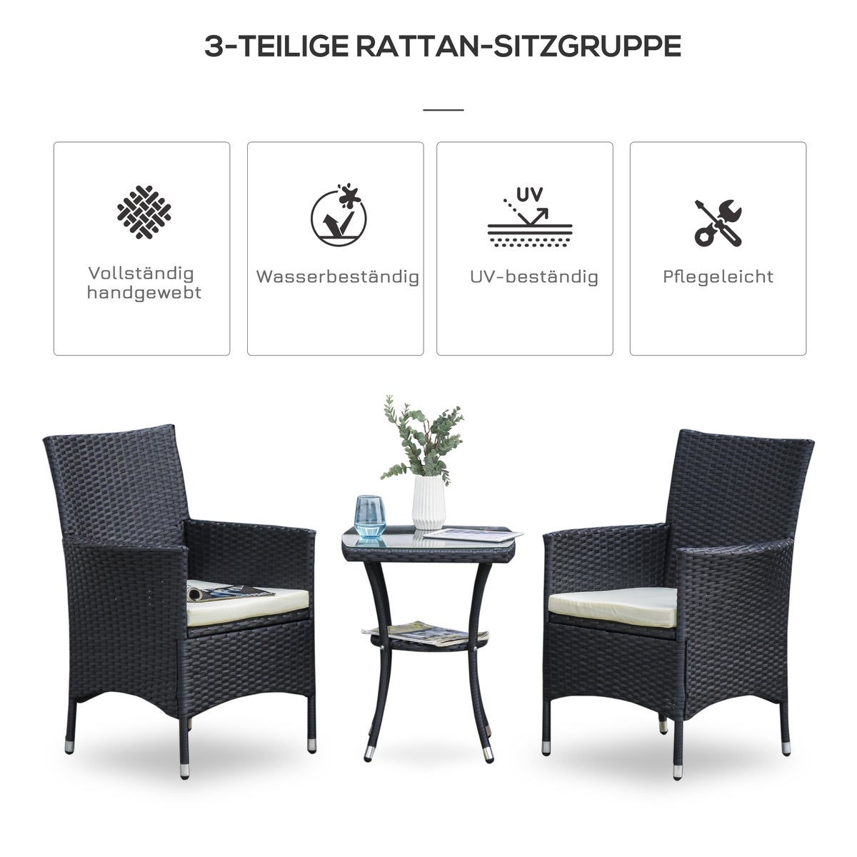 Outsunny 3-delige tuinset, B60 x D58,5 x H89,5 cm, metaal, PE-rotan, polyester, schuim, zwart