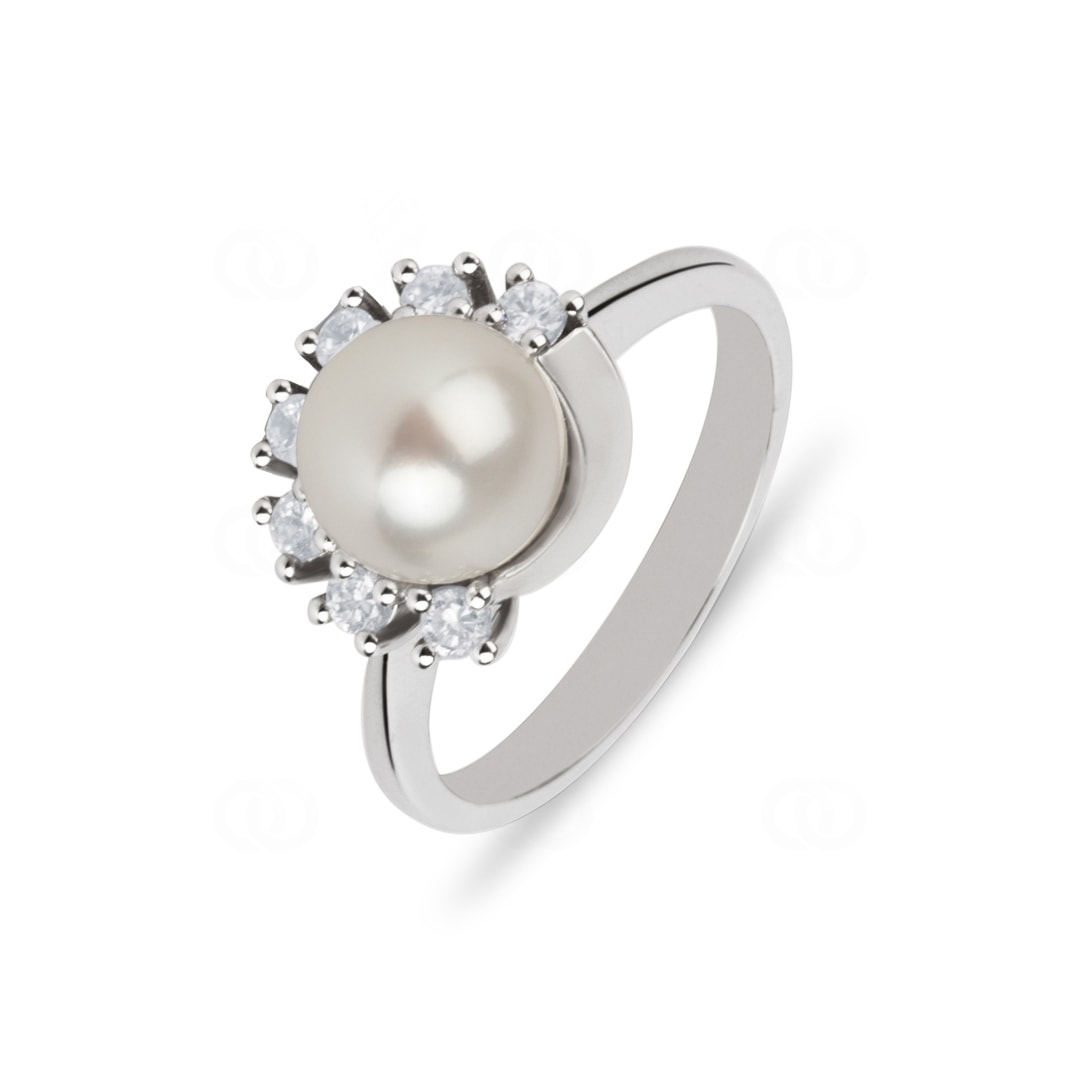 Damenring 750/18 K Weissgold mit Zirkonia und Süsswasserzuchtperle Ø 56