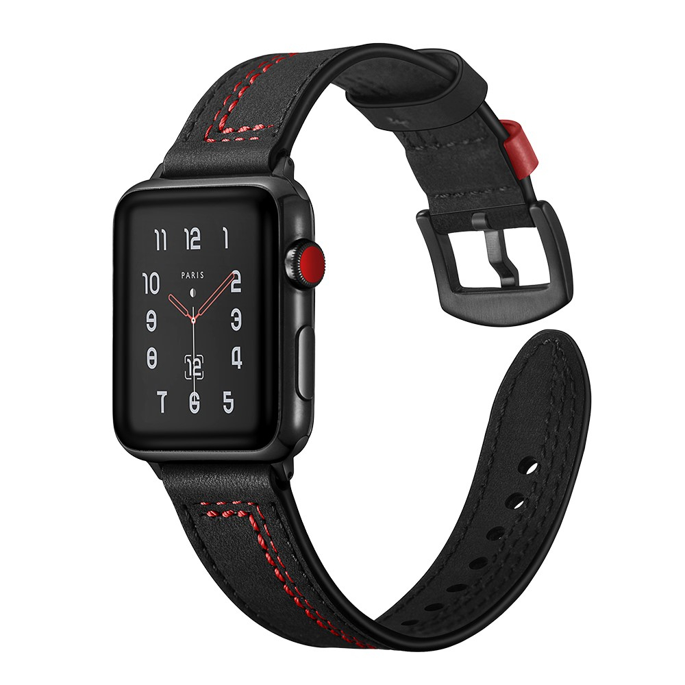 Apple Watch (49/46/45/44 mm) Ersatz Echtleder Stripes Armband (Gelenkumfang: 175-220mm) - Schwarz / Rot