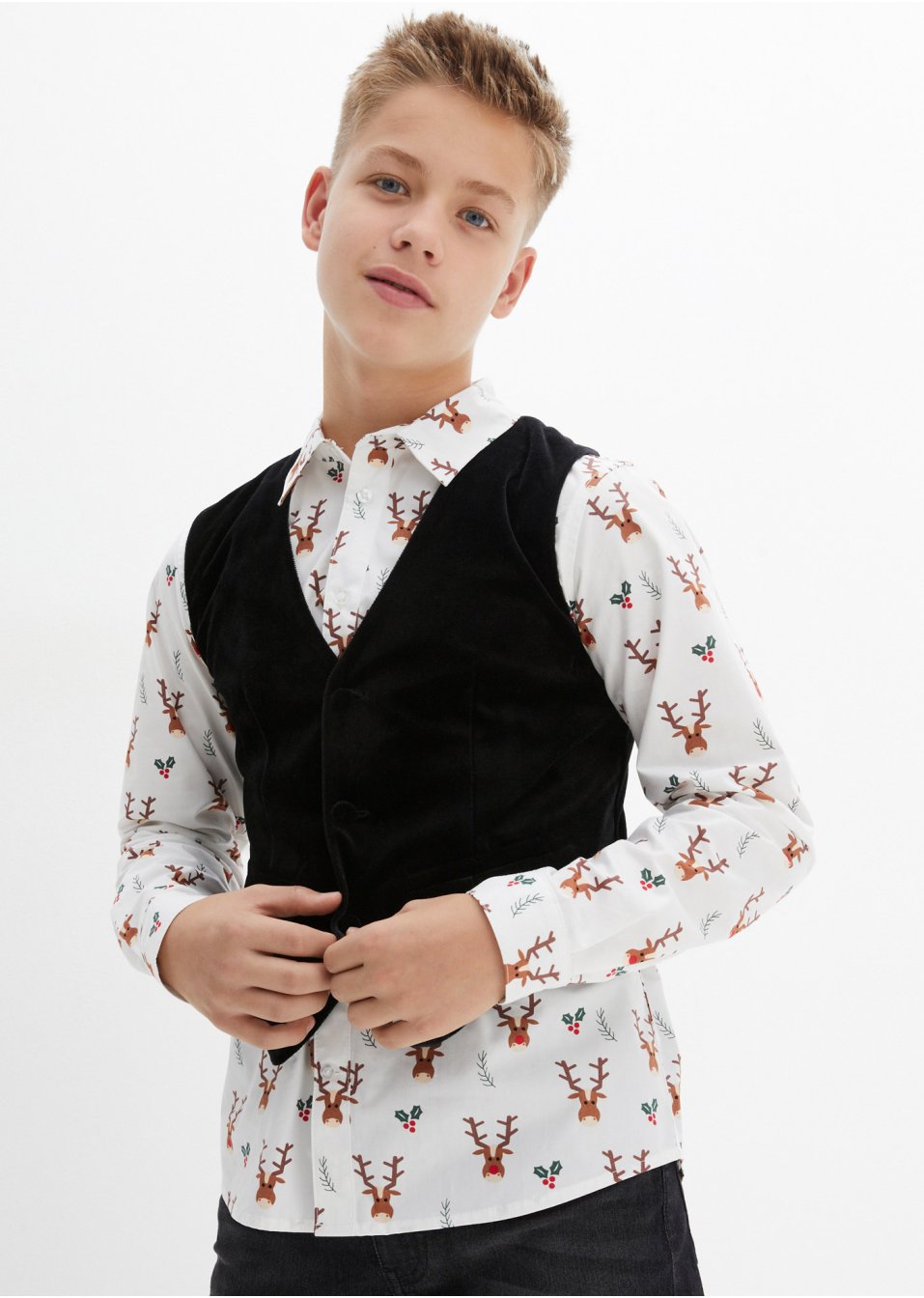 Chemise manches longues garçon avec gilet en velours (ens. 2 pces)