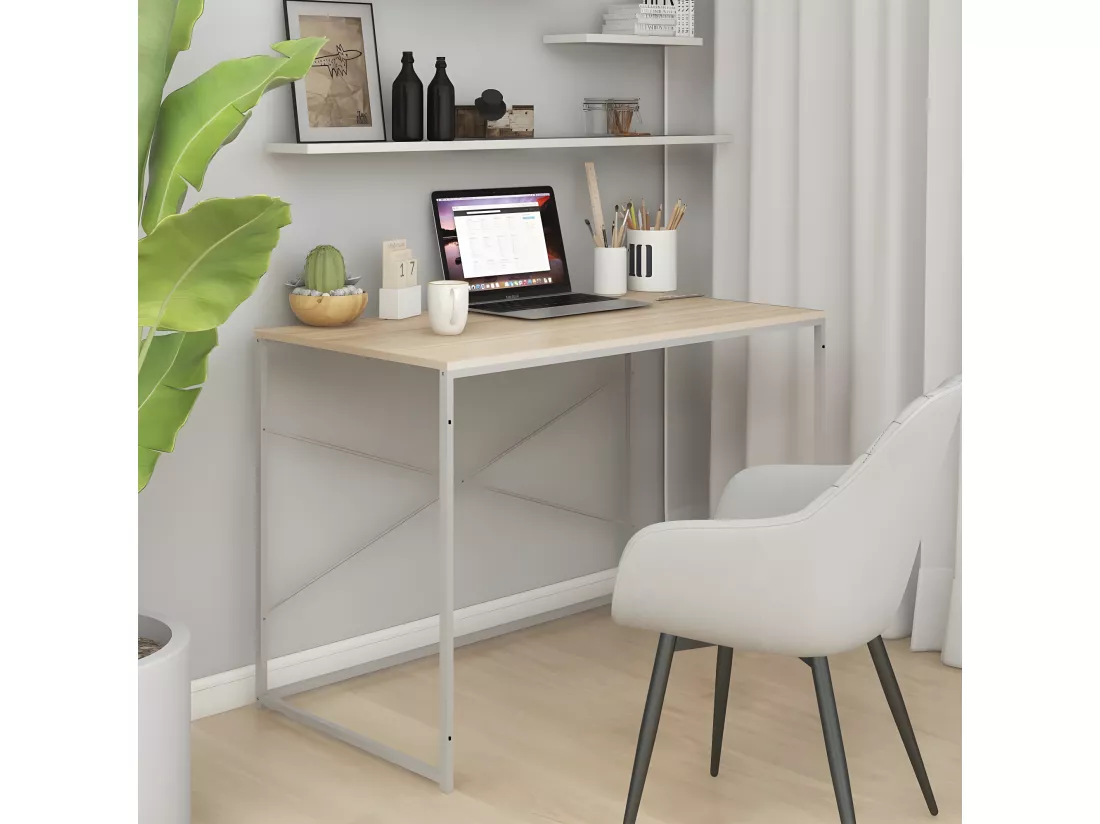 Bureau d'ordinateur Blanc et chêne 110x60x70 cm Aggloméré