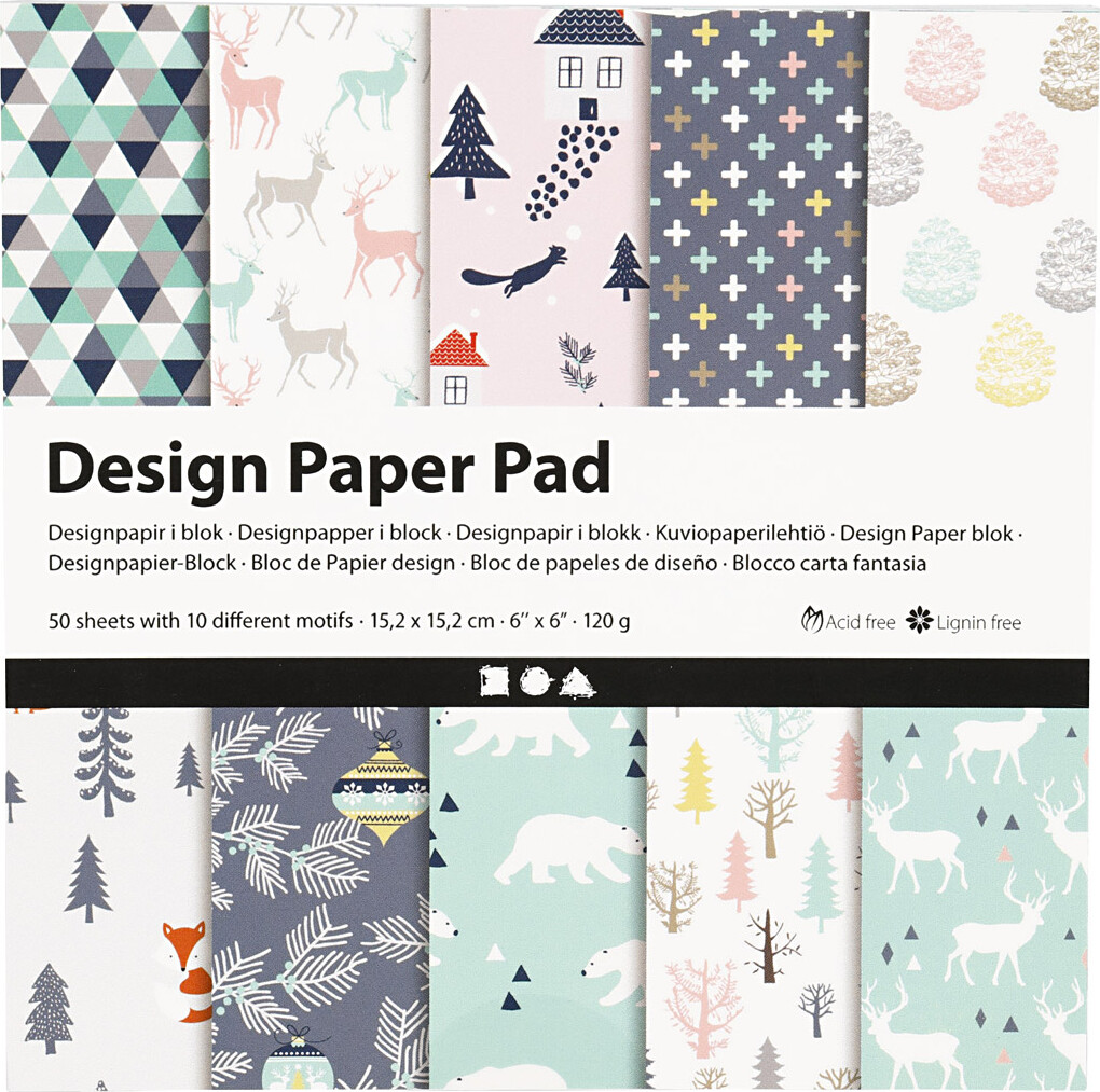 Designpapir I Blok - 15,2X15,2 CM - 120 G - Lys Grøn - Rosa - Hvid - 50 Ark
