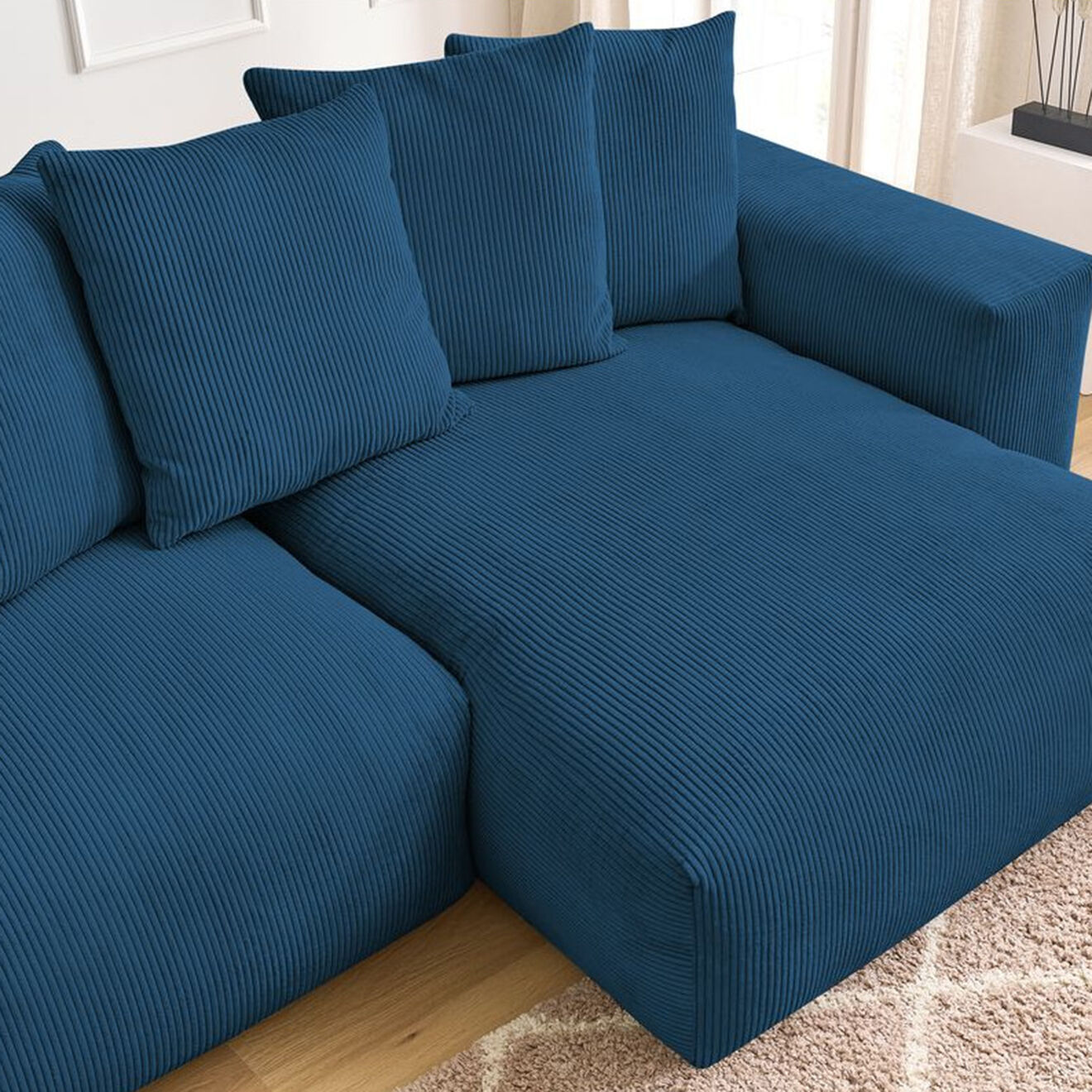 Bobochic Canapé d'angle réversible ultra moelleux voltaire velours côtelé bleu foncé - 310x174x75 cm