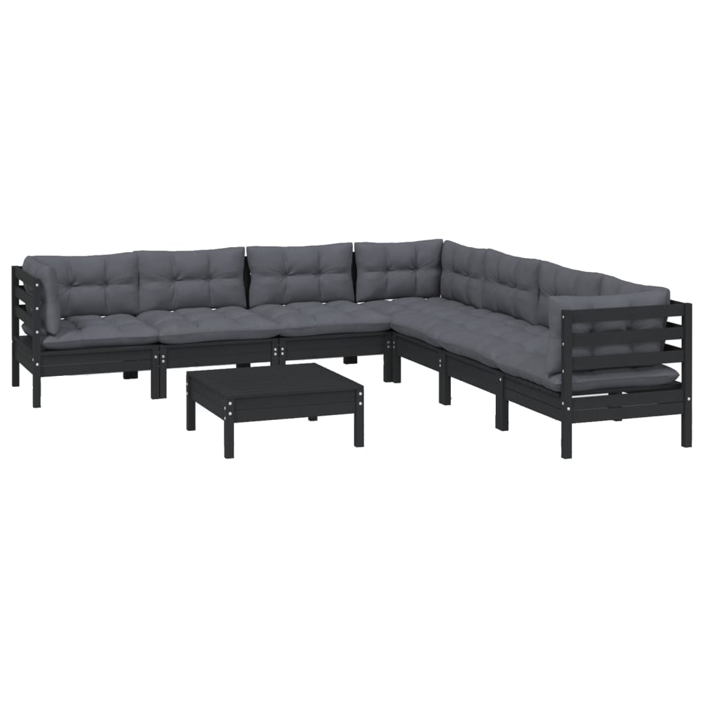 Salon de jardin meuble d'extérieur ensemble de mobilier 8 pièces avec coussins noir bois de pin solide