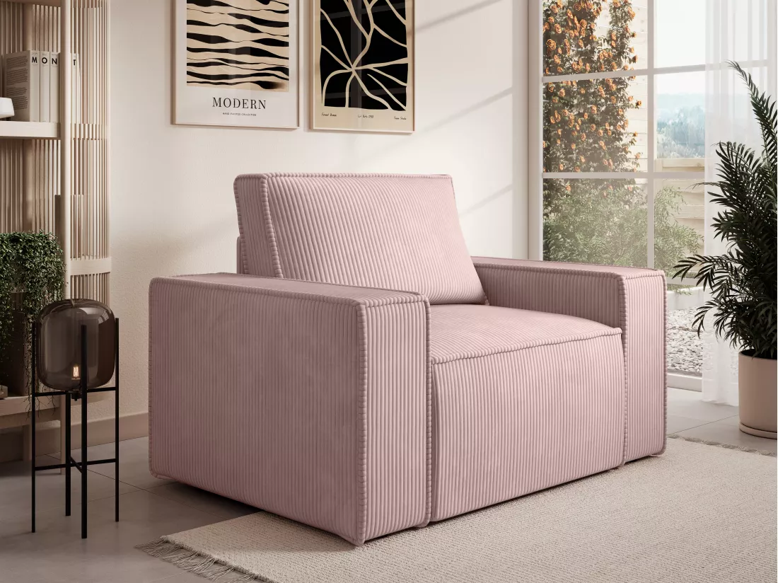 Fauteuil en velours côtelé rose poudré AMELIA