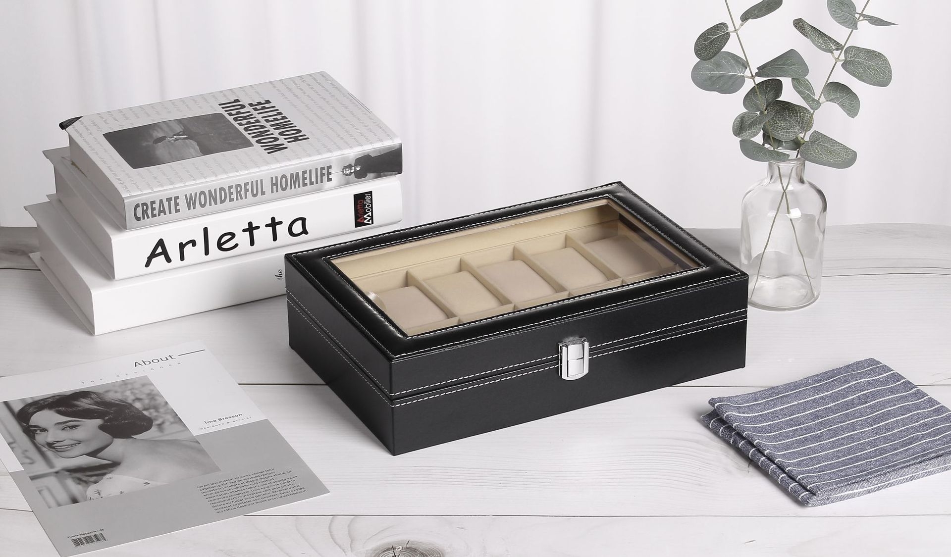 (12 Slots) Uhrenbox Schmuckschatulle Organizer mit Glasdeckel - Schwarz