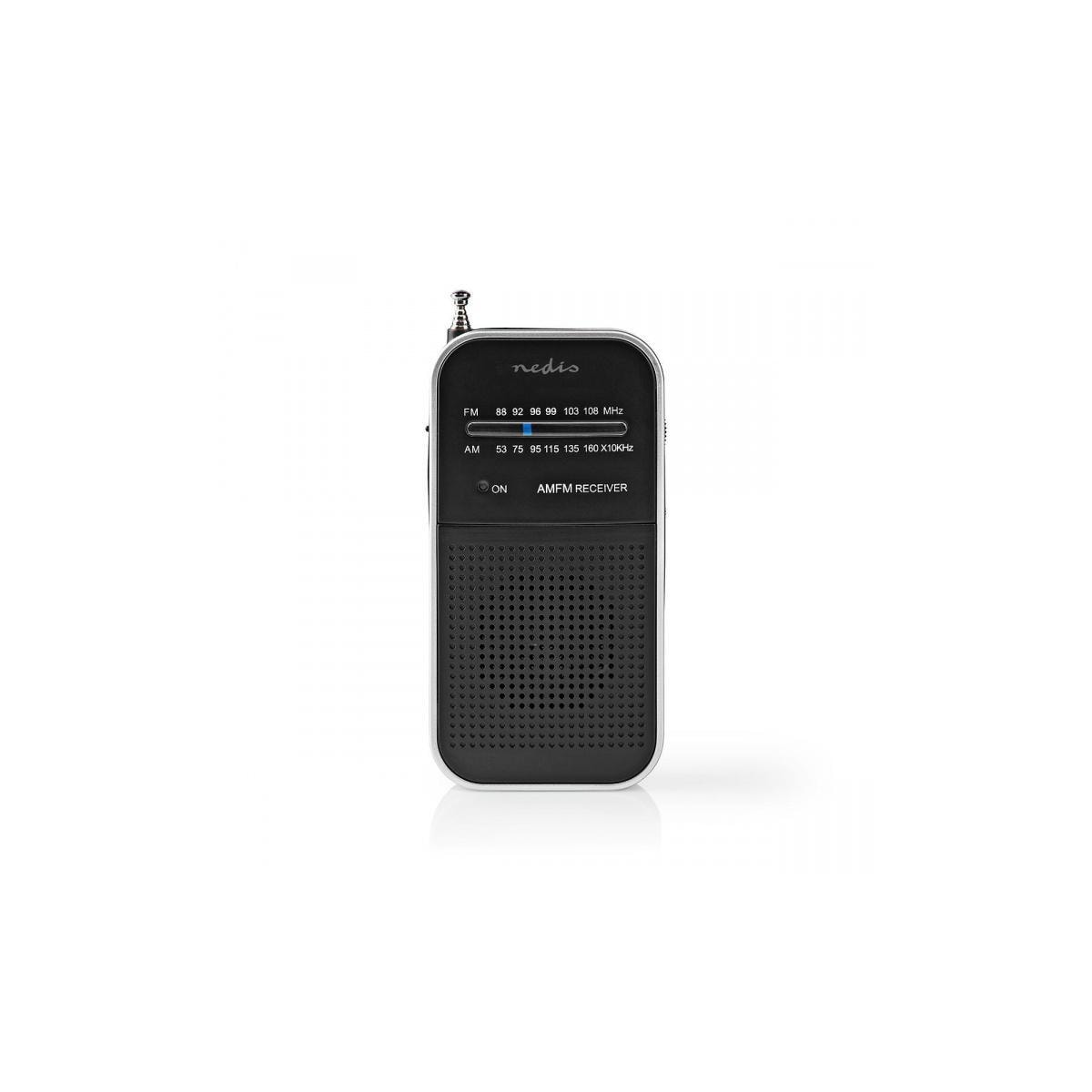 Nedis FM-radio | Bærbar design | AM / FM | Batteri drevet | Analog | 1.5 W | Svart hvit skerm | Hodetelefonutgang | IP20 | Aluminium / Sort
