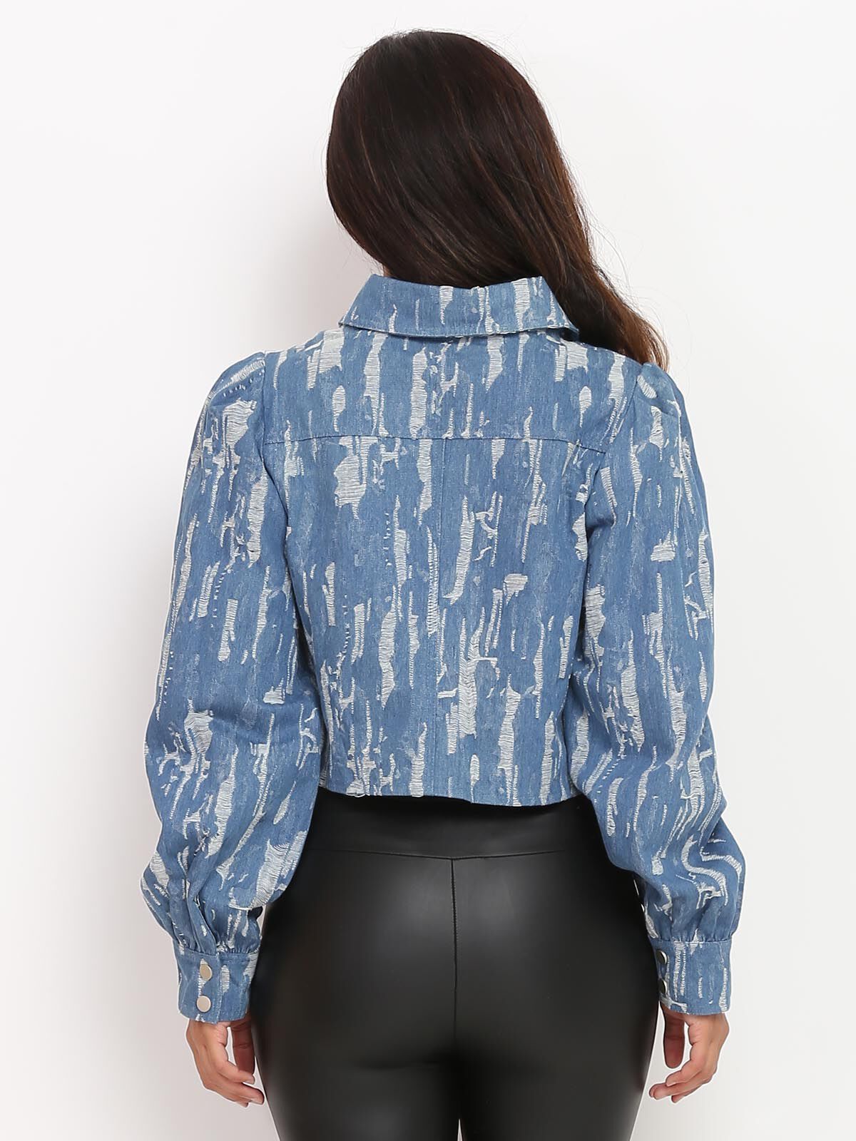 Veste en jean courte effet destroy- Bleu