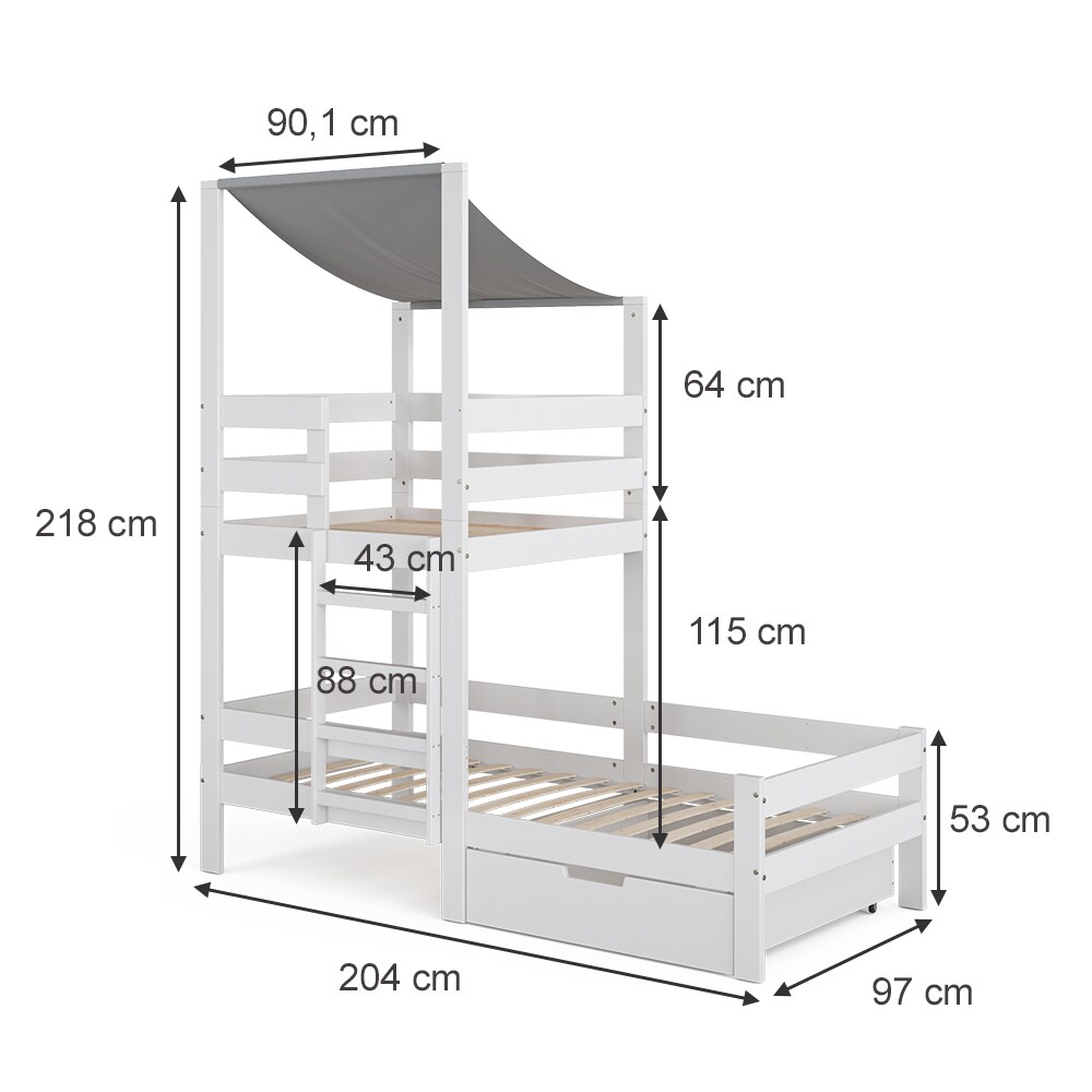 VitaliSpa Spielturmbett Kinderbett Spielbett Tom Weiß modern 204x218 cm Massivholz Kinderzimmer Lattenrost Bettleiter Bett Schublade Matratze Abenteuerbett Kletterbett