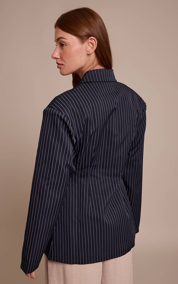 Bleu Marine Blazer À Rayures Fines Taille Cintrée Froncée