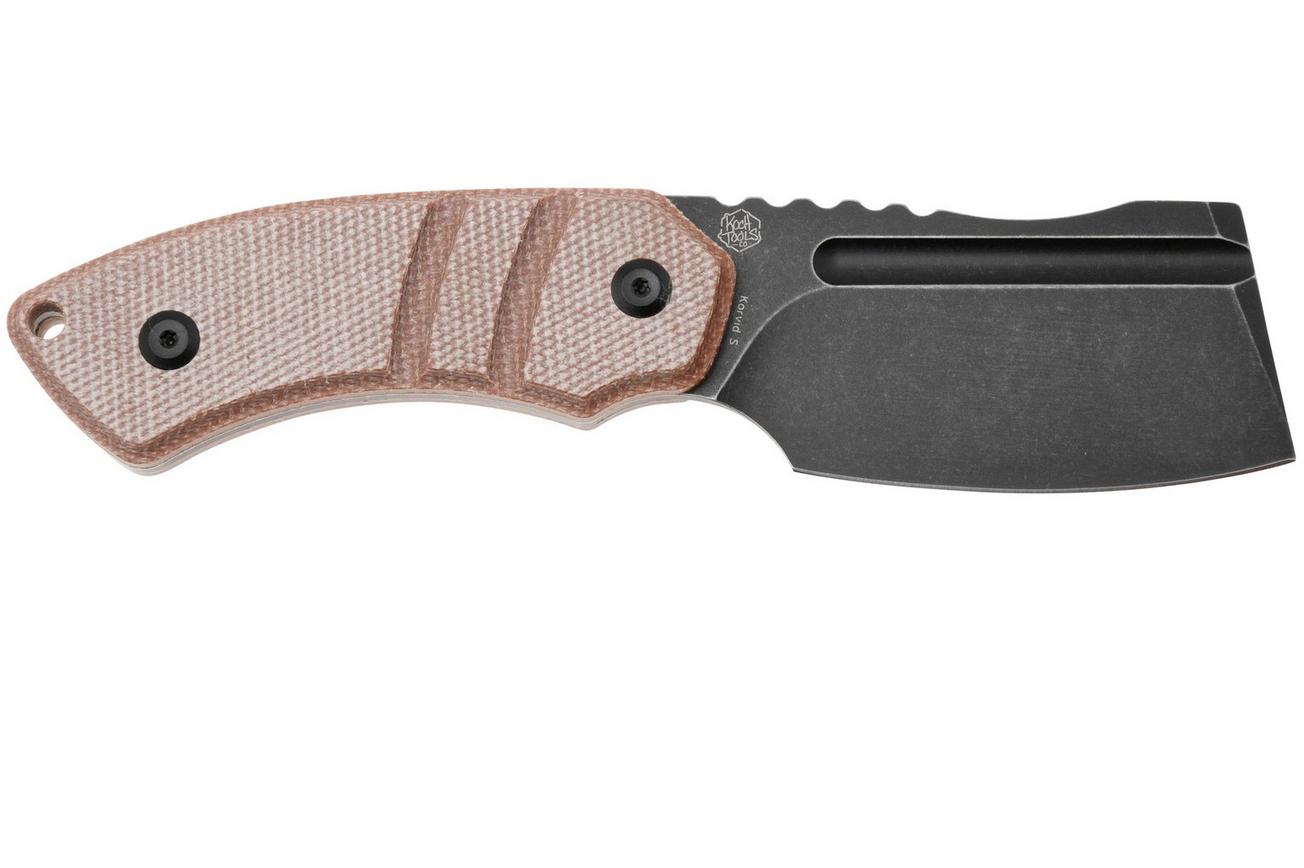 Kansept Korvid S G2030A4 Blackwashed 14C28N, Brown Micarta, vaststaand mes, Justin Koch design