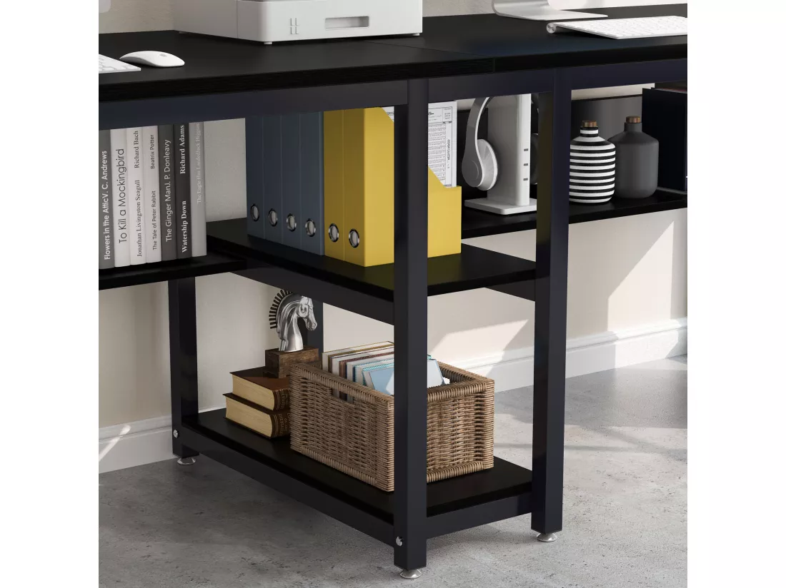 Bureau double pour deux personnes avec bibliothèque, bureau d'ordinateur double pour deux personnes, noir