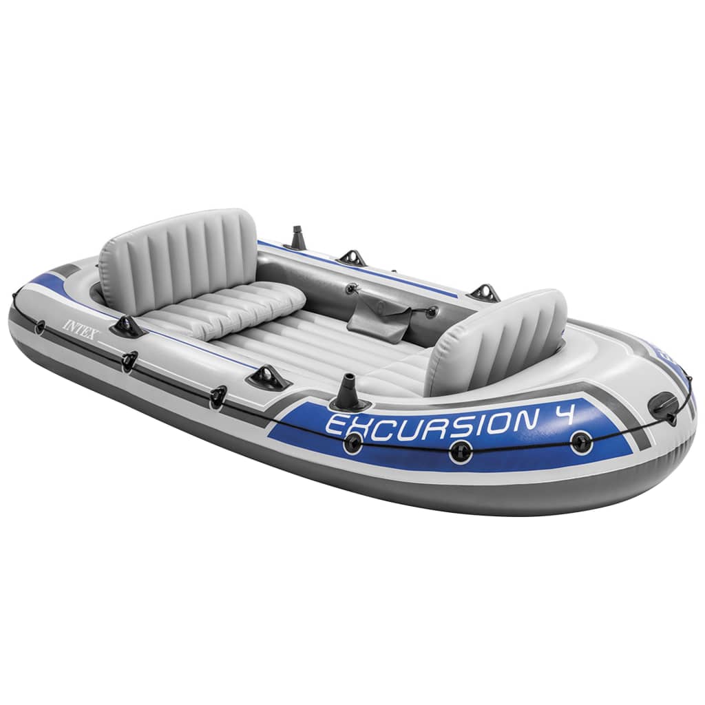 Conjunto de barco inflável Intex Excursion 4 com motor elétrico e suporte.