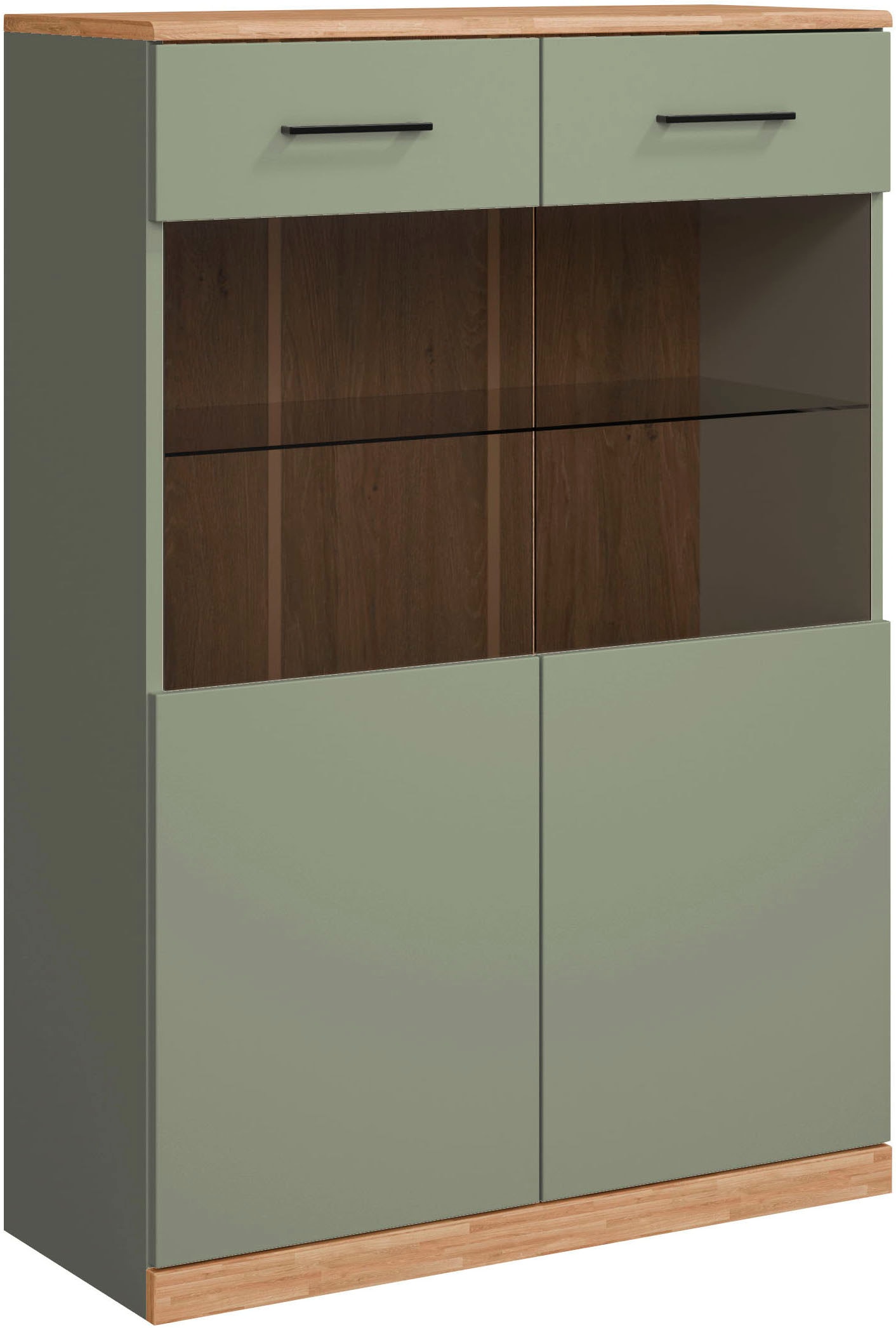 Home affaire Highboard »Ribe,125cm hoch,87cm breit,4 breite Fächer« Oberplatte Eiche massiv,dunkles Glas, schwarze Metall Griffe