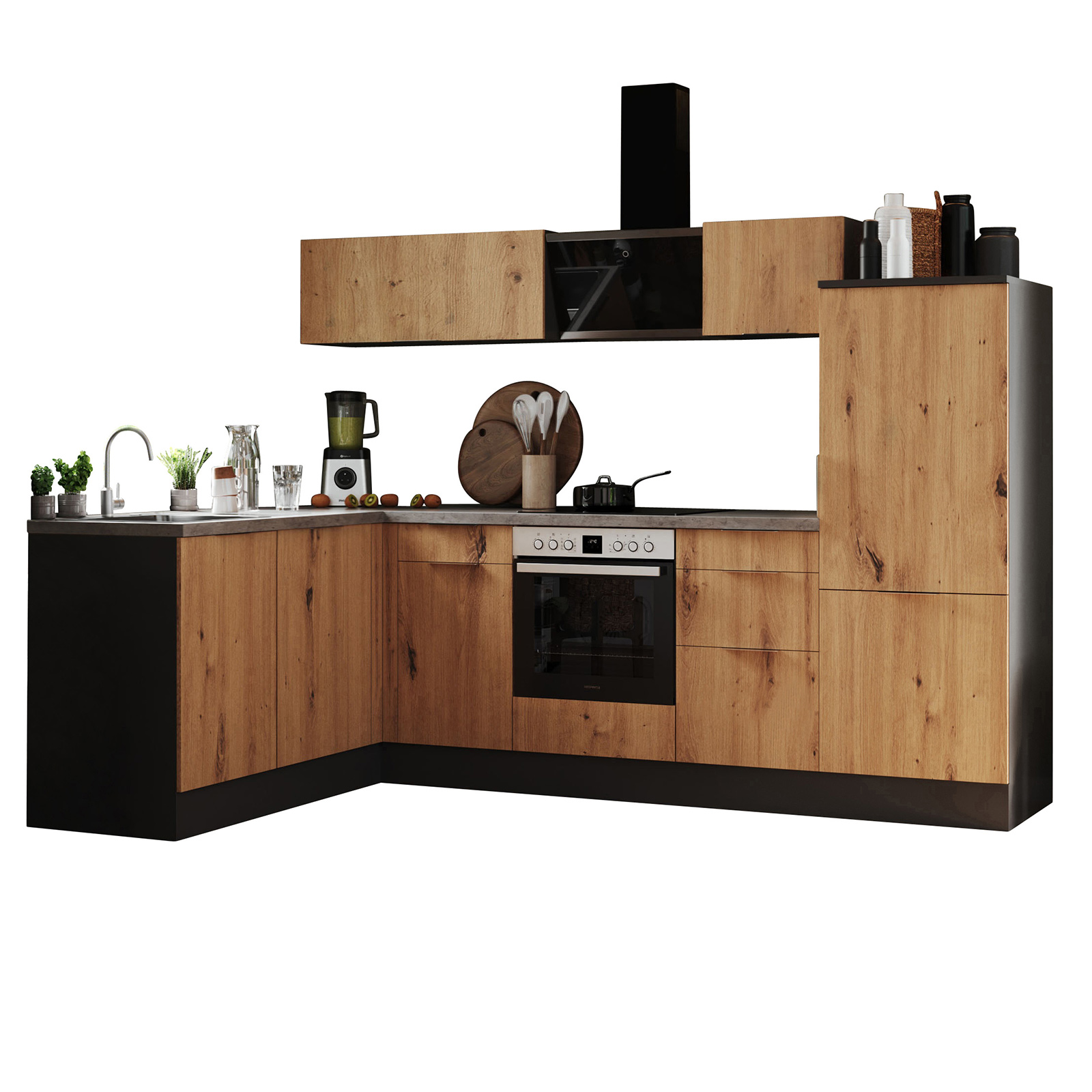 RESPEKTA Winkelküche - Artisan Eiche - grau matt - mit E-Geräten - 280x175 cm
