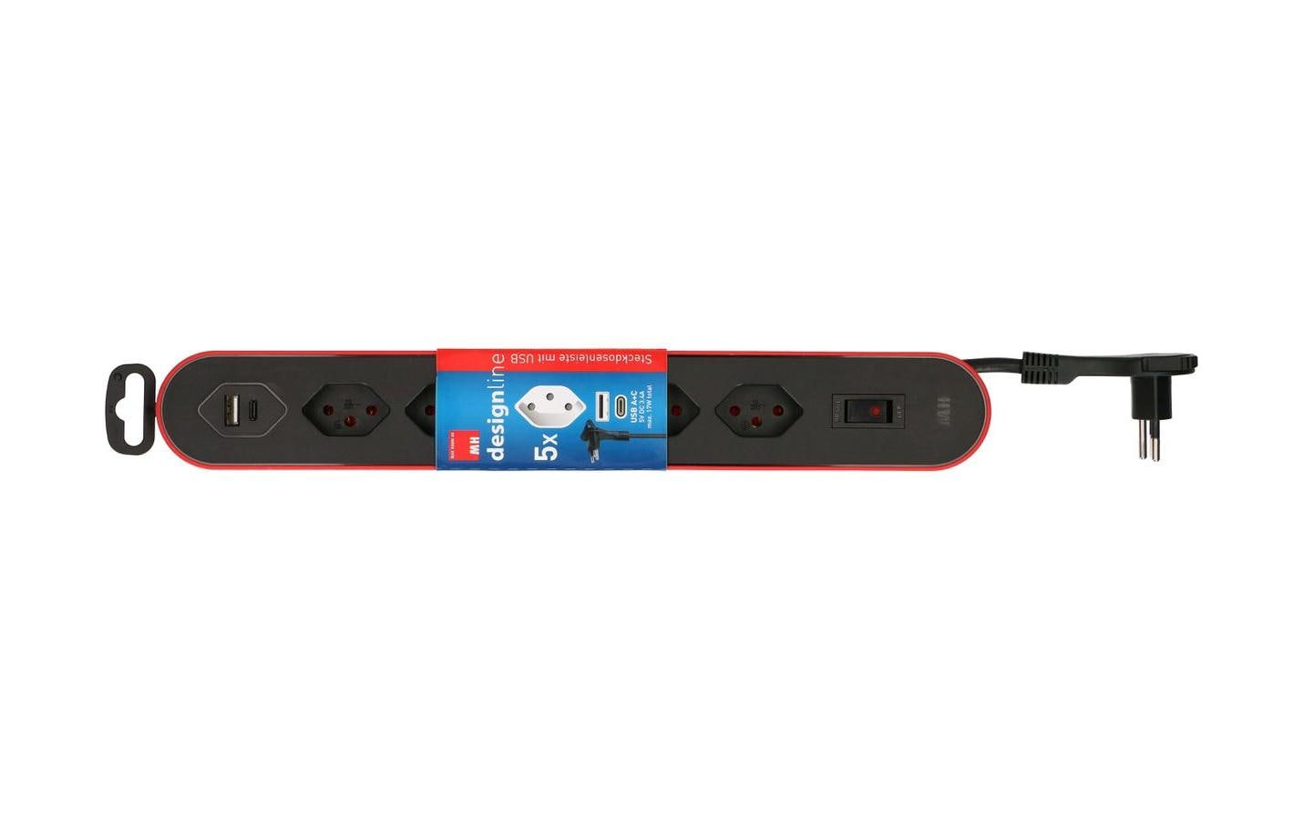 Steckdosenleiste Design Line 5x T13 USB A+C rotSteckerleiste 5x T13 mit USB C/A