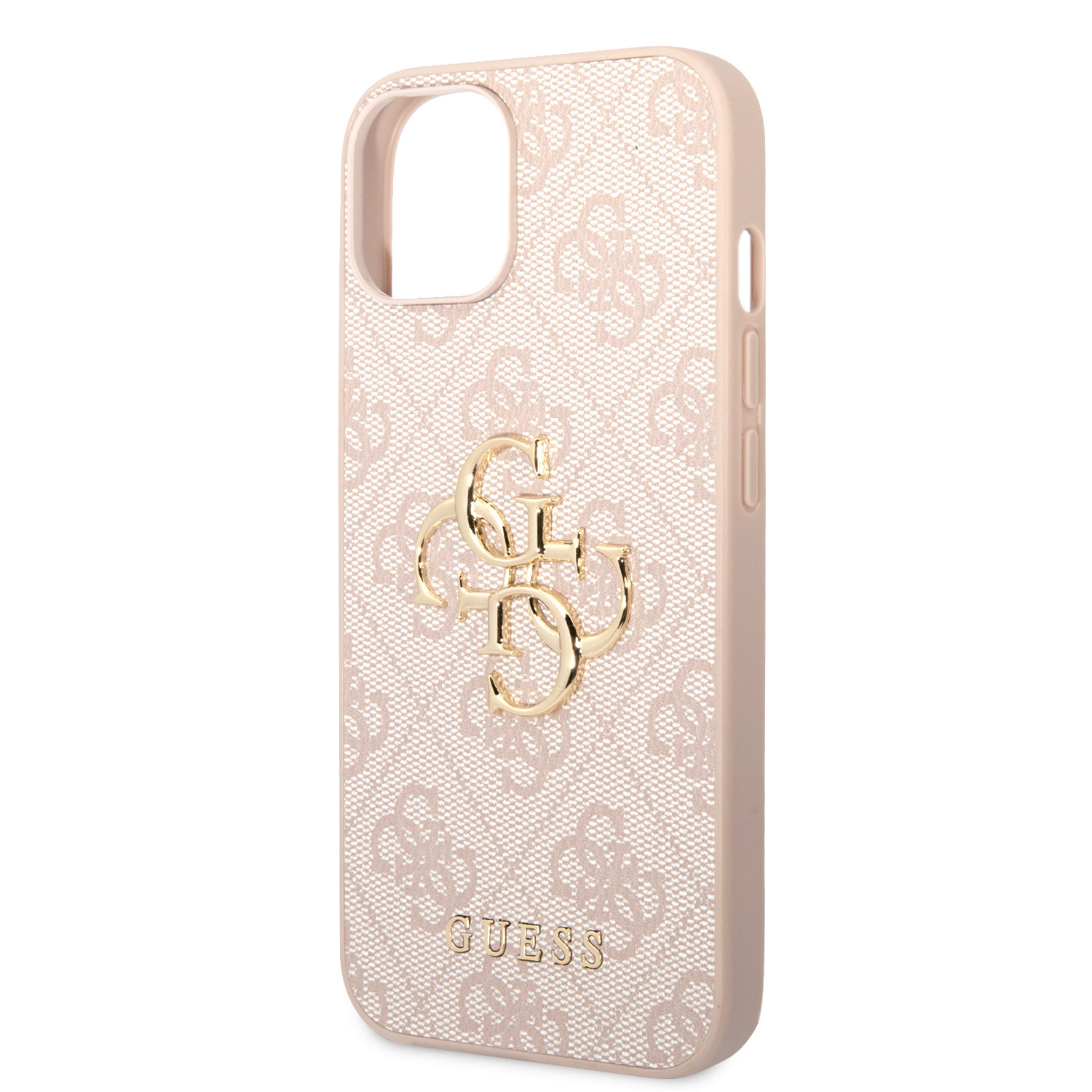 iPhone 14 Leder Hardcase Hülle Metall Logo (GUHCP14S4GMGPI) - Rosa / Gold